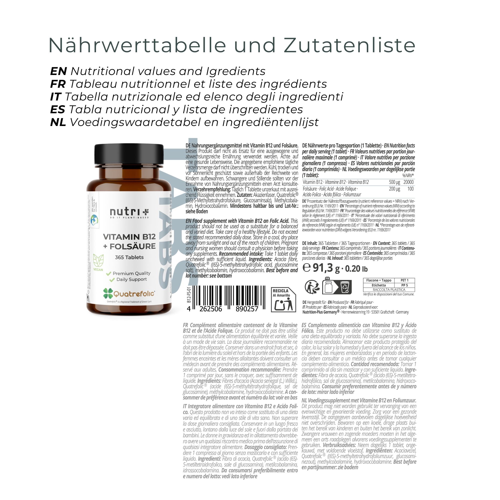 Rückseite der nutri+ Vitamin B12 + Folsäure Tabletten Flasche. Enthält Nährwerttabelle, Zutatenliste und Informationen zur Anwendung.