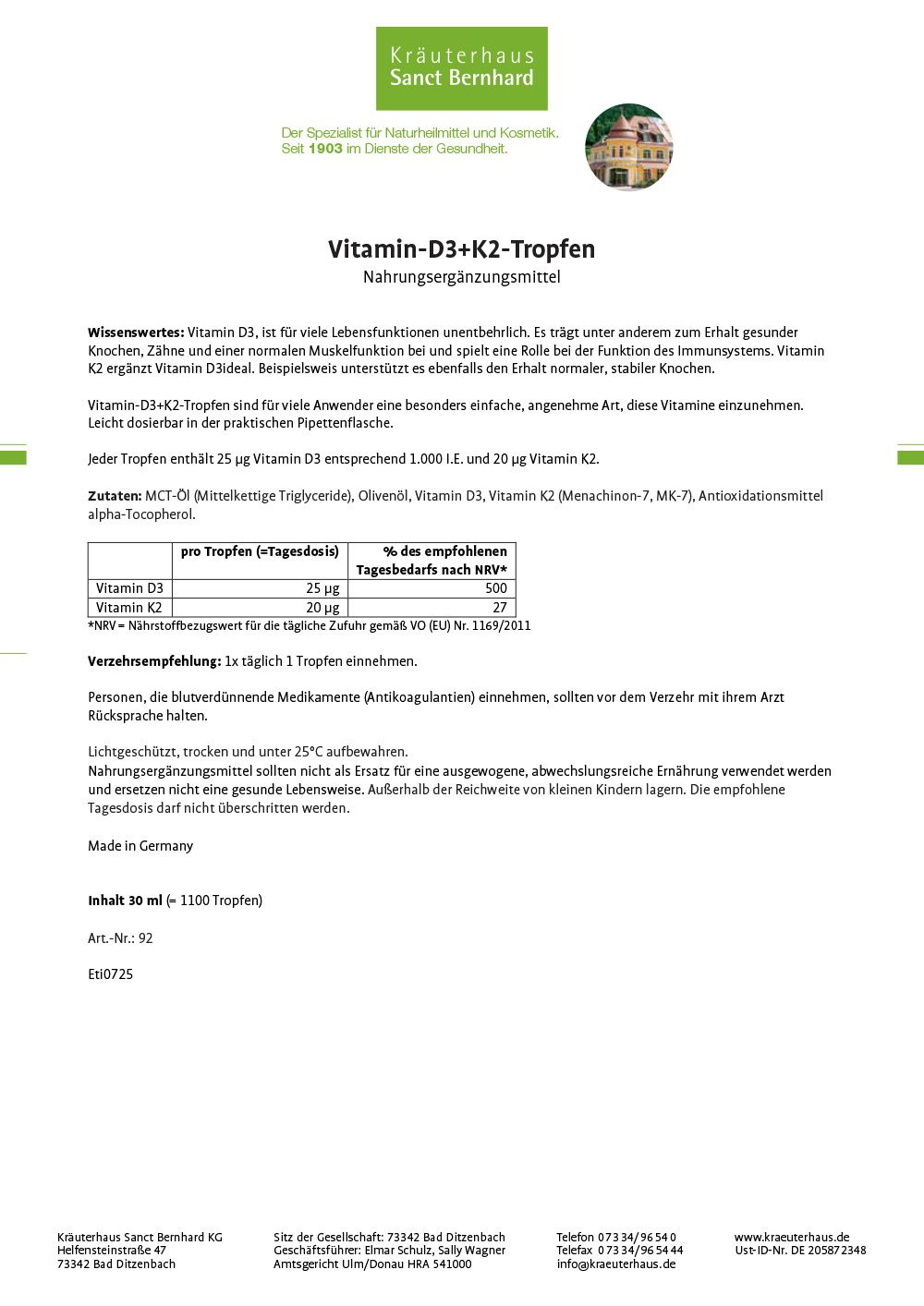Weißes Papier mit Text. Überschrift "Vitamin-D3+K2-Tropfen". Informationen zu Inhaltsstoffen und Anwendung.