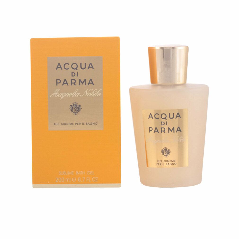 Beige Flasche mit goldfarbenem Verschluss und gelber Verpackung. Text: Acqua di Parma, Magnolia Nobile. Gel Sublime Per Il Bagno.