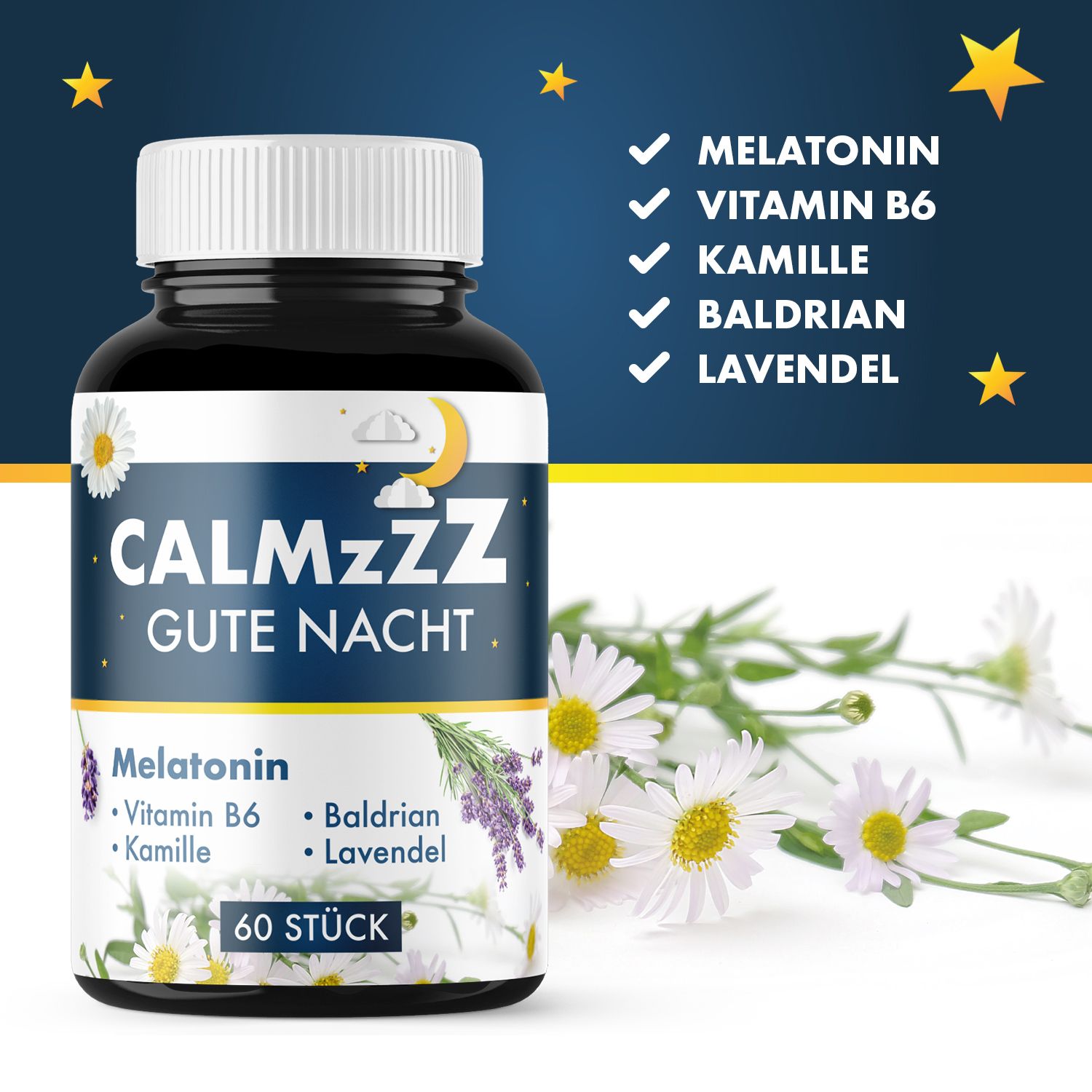Flasche mit weißem Deckel und Etikett. CALMzzz GUTE NACHT, Melatonin, Vitamin B6, Kamille, Baldrian, Lavendel. 60 Stück. Sterne.