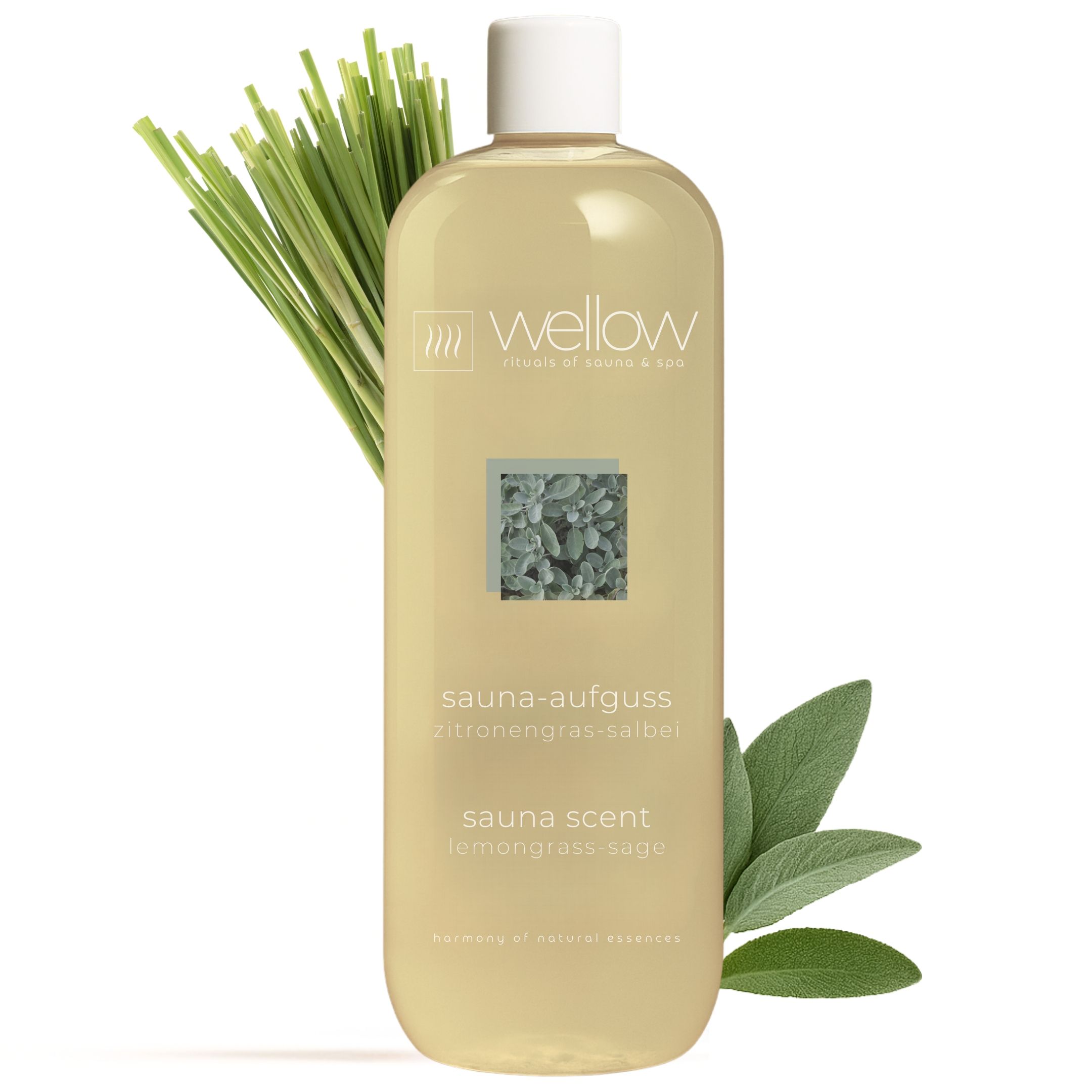 Wellow Sauna-Aufguss Zitronengras-Salbei. Flasche mit Produktetikett, Zitronengras und Salbeiblatt. Weißer Deckel.