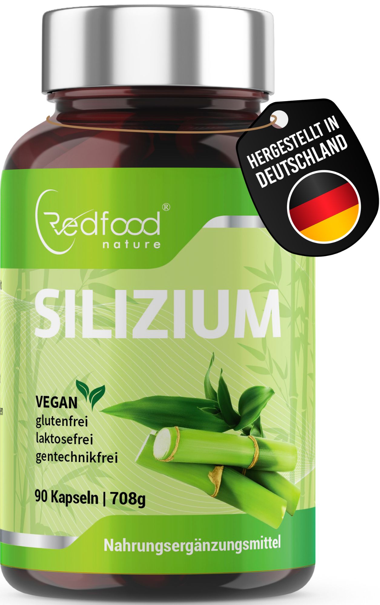 Braune Kapseln in einer Flasche. Aufschrift SILIZIUM, vegan, glutenfrei, laktosefrei, gentechnikfrei. Hergestellt in Deutschland.