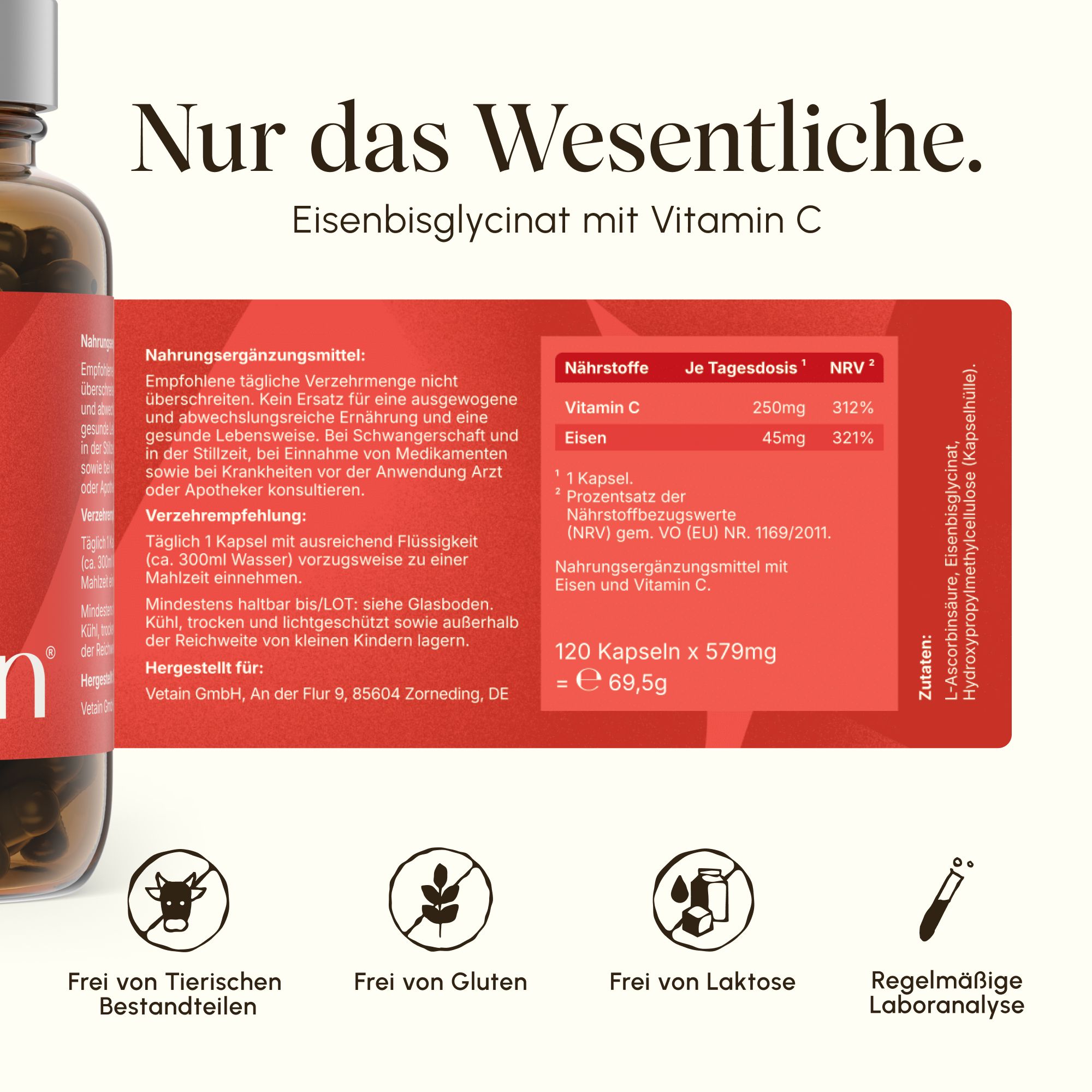 Flasche mit Eisen + Vitamin C Kapseln, Nährwertangaben und Siegeln.