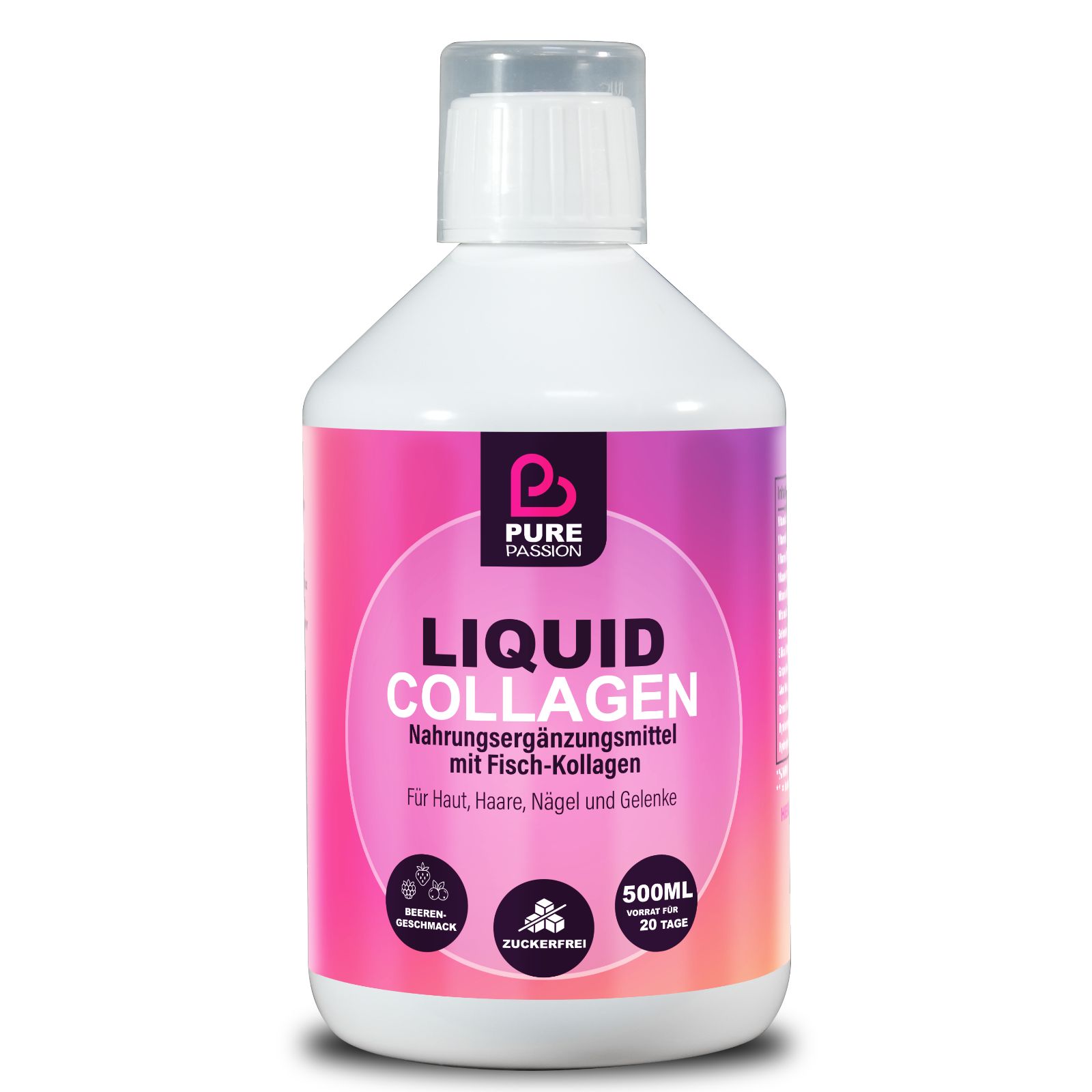 Weiße Flasche mit rosa-lila Etikett. "Pure Passion Liquid Collagen" mit Text für Haut, Haare, Nägel & Gelenke. 500ml.