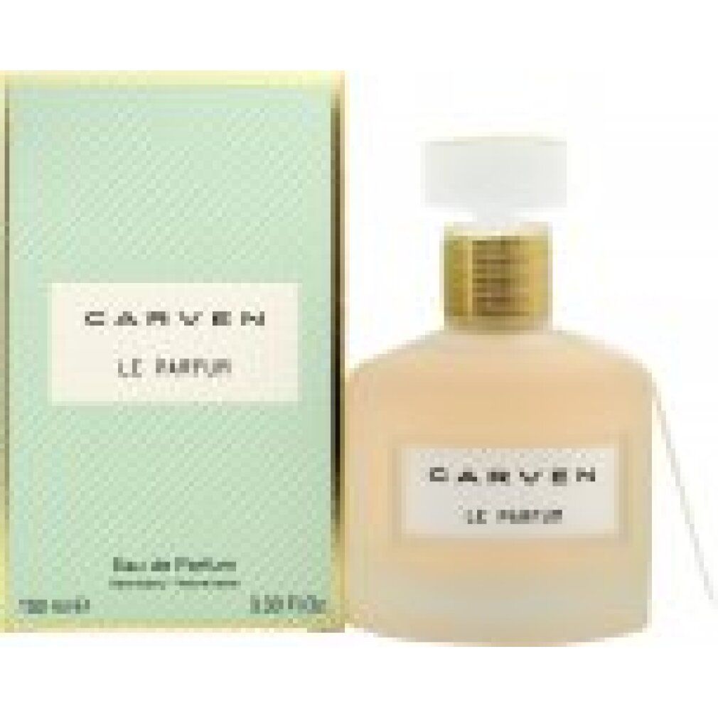 Parfümflakon und grüne Schachtel. Auf dem Flakon steht CARVEN LE PARFUM. Auf der Schachtel steht Eau de Parfum.