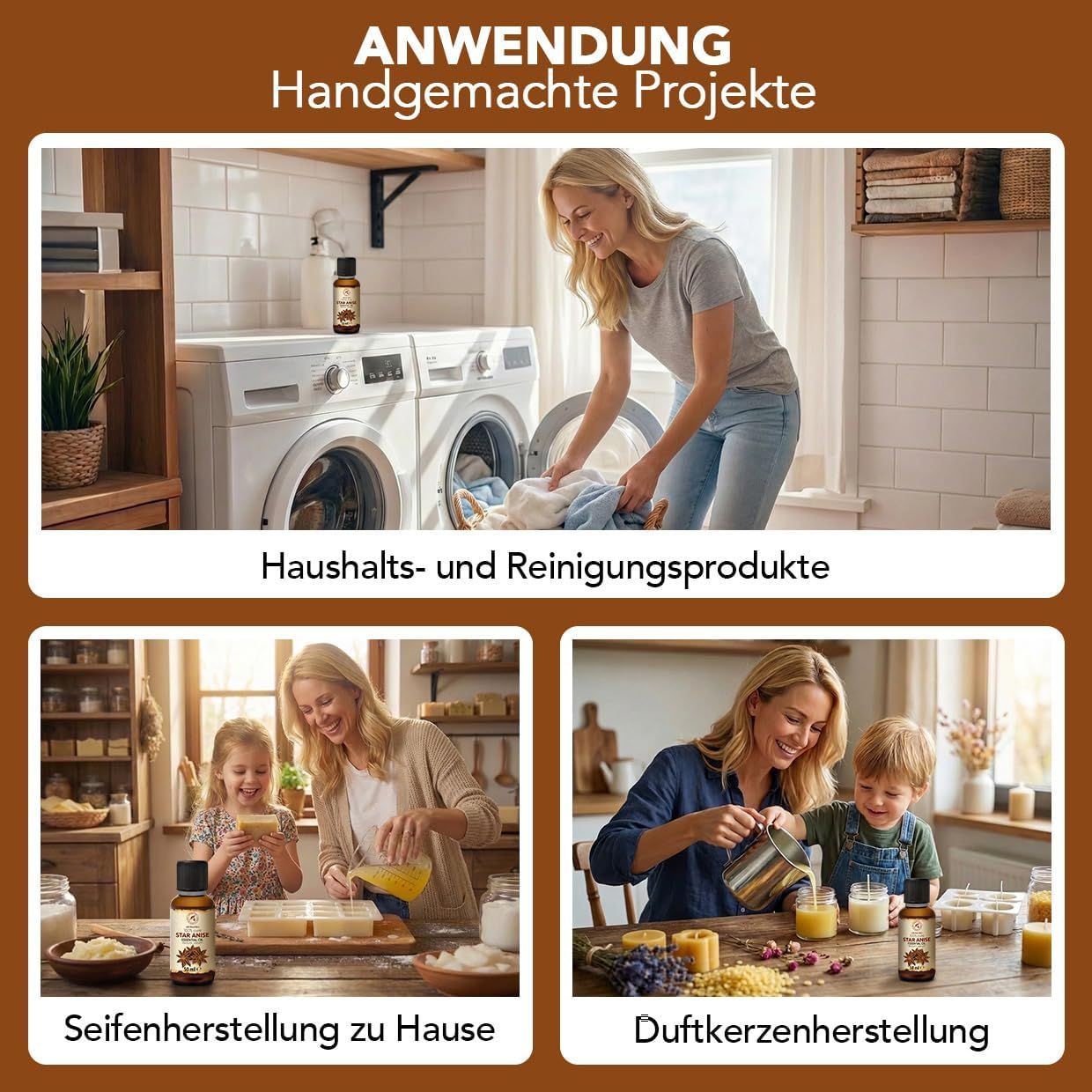 Flasche mit 100 ml Jasminöl und eine Frau, die daran riecht.