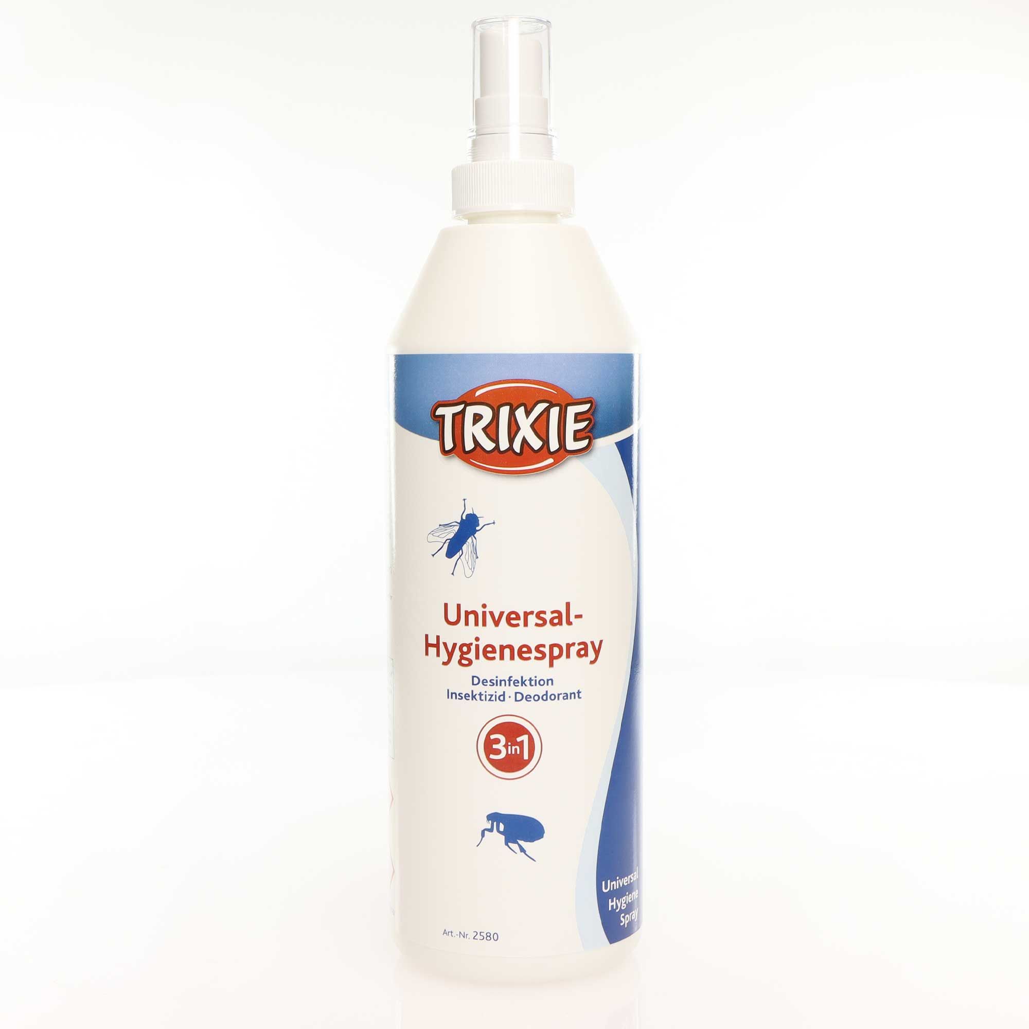 Weiße Sprühflasche mit blauem Etikett. "TRIXIE"-Logo, Produktname und 3-in-1-Hinweis. Abbildung von Insekten.