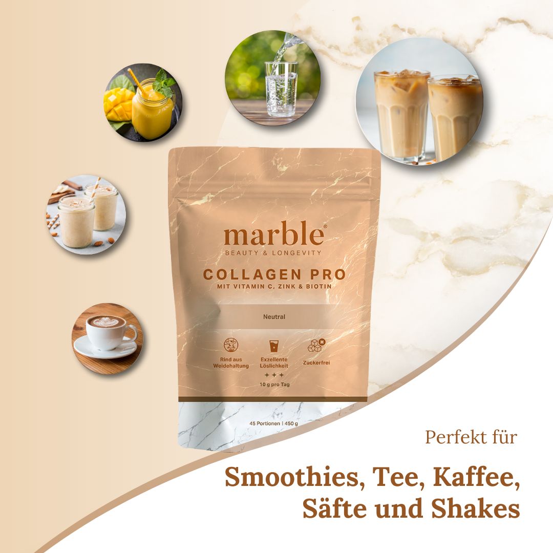 marble© Collagen Pro-Beutel mit Abbildungen von Getränken wie Smoothies und Kaffee. Text: Collagen Pro, neutral.