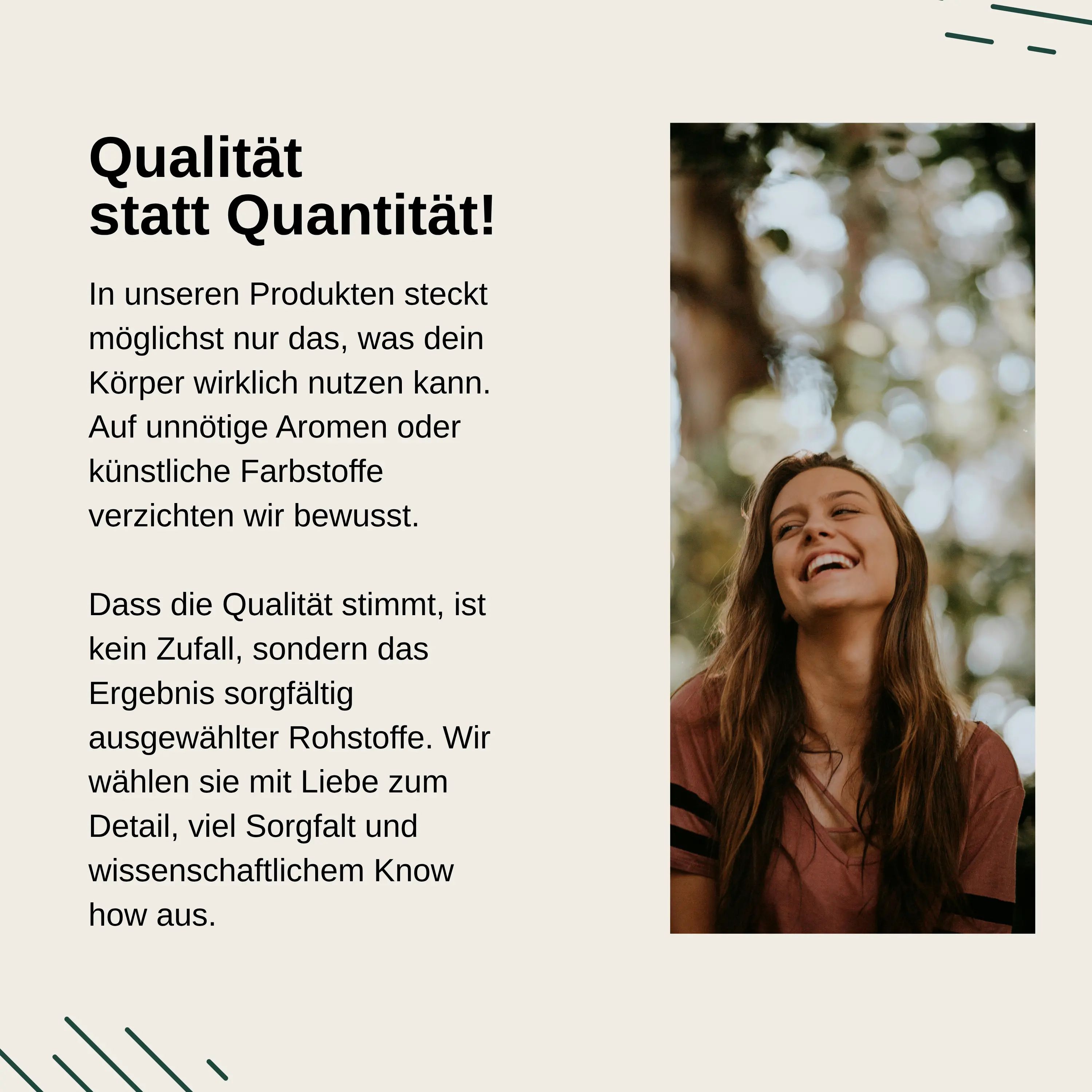 Frau lacht im Freien. Text über Qualität statt Quantität bei Vita Elements Produkten, Fokus auf ausgewählte Rohstoffe.