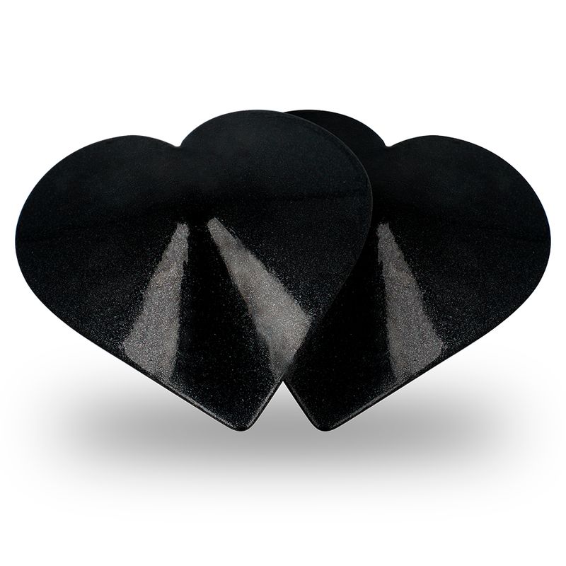 Zwei schwarze Herz-Nippelabdeckungen. Glänzende Oberfläche. Selbstklebend.