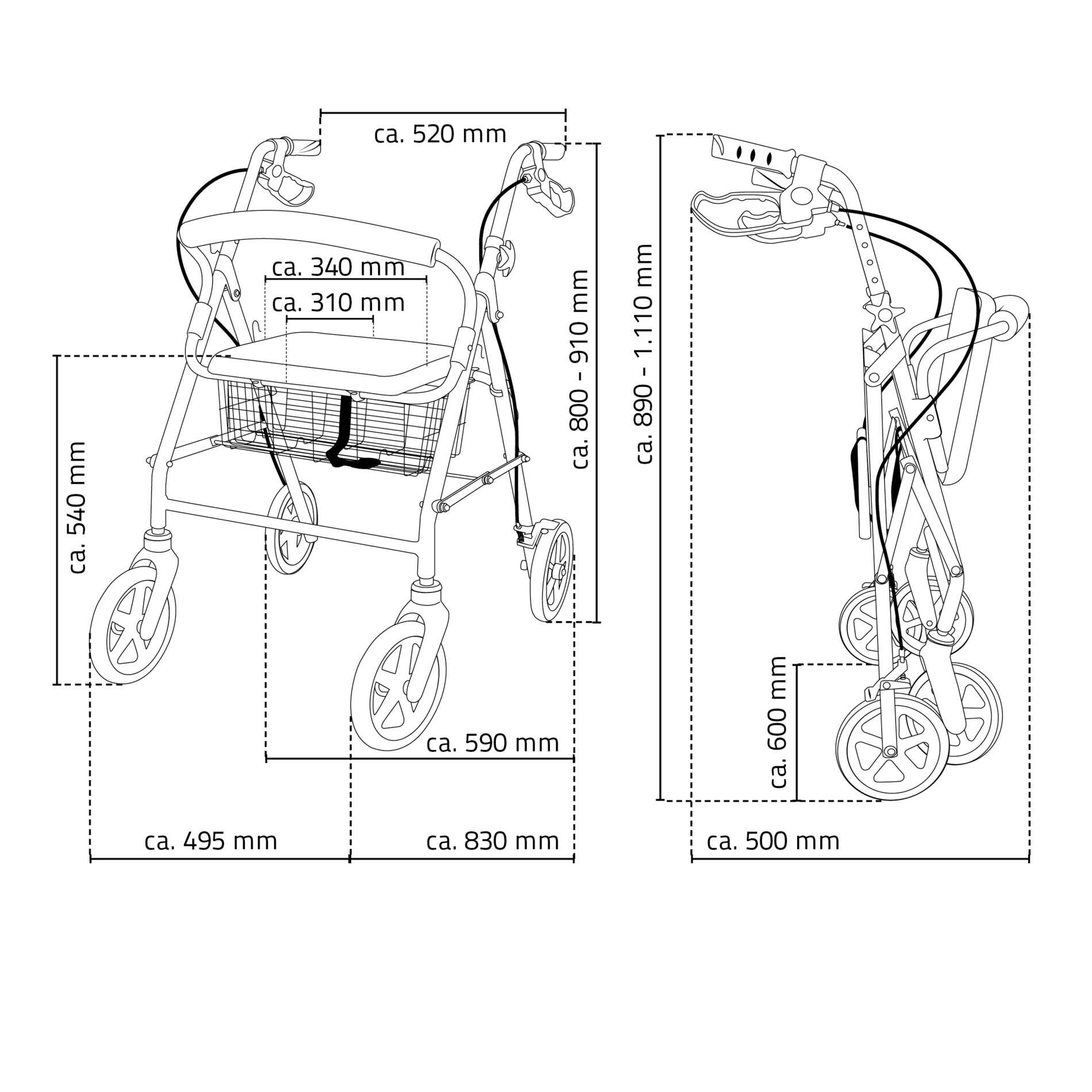 Rollator-Maße in mm: Höhe, Breite, Tiefe. Gefaltete und entfaltete Ansicht. Abmessungen in mm.