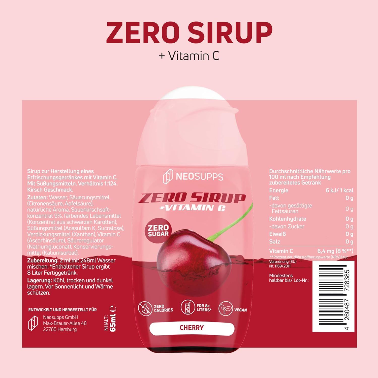 Produktetikett mit Informationen. Aufschrift: Neosupps Zero Sirup, Cherry, Vitamin C. Enthält Nährwertangaben und Inhaltsstoffe.