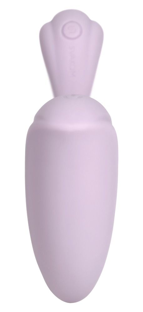 Lila Vibrator mit abgerundeter Form. Ergonomisches Design. Ein Knopf an der Spitze. Glatte Oberfläche.