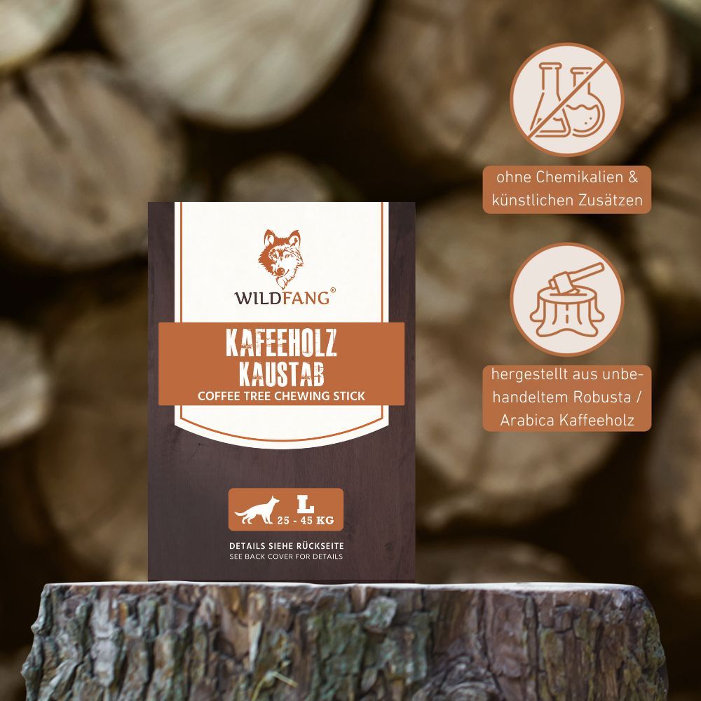 Verpackung mit Logo und Produktname. Text: Kaffeeholz Kaustab. Ohne Chemikalien und künstliche Zusätze. Hergestellt aus unbehandeltem Robusta/Arabica Kaffeeholz.