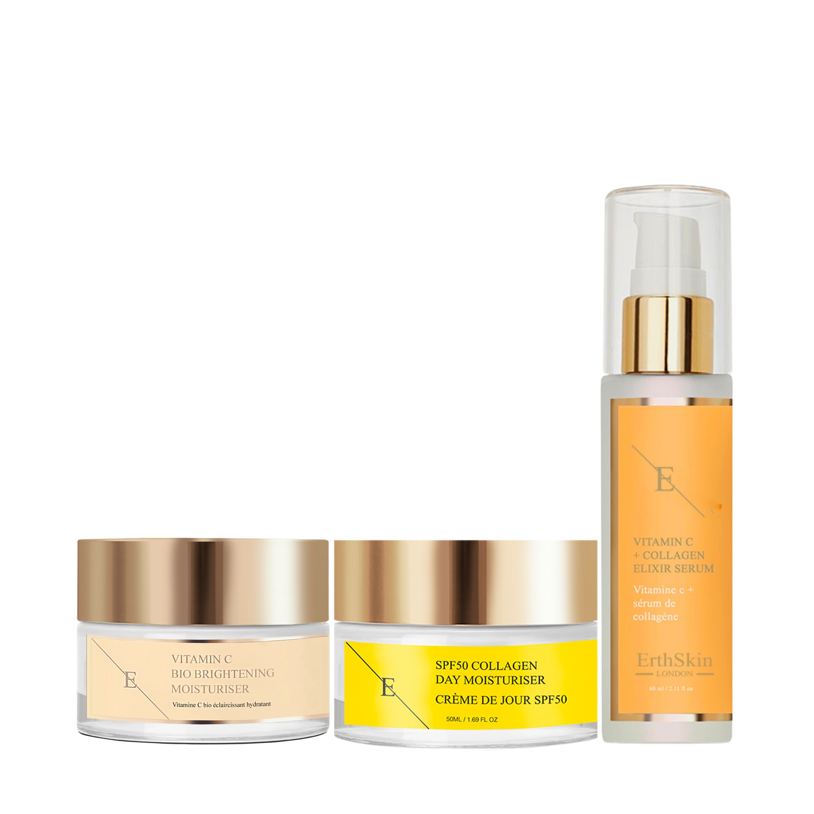 Set mit drei Hautpflegeprodukten: Serum, Tagescreme und Feuchtigkeitspflege. Goldfarbene Deckel, gelbe Etiketten.