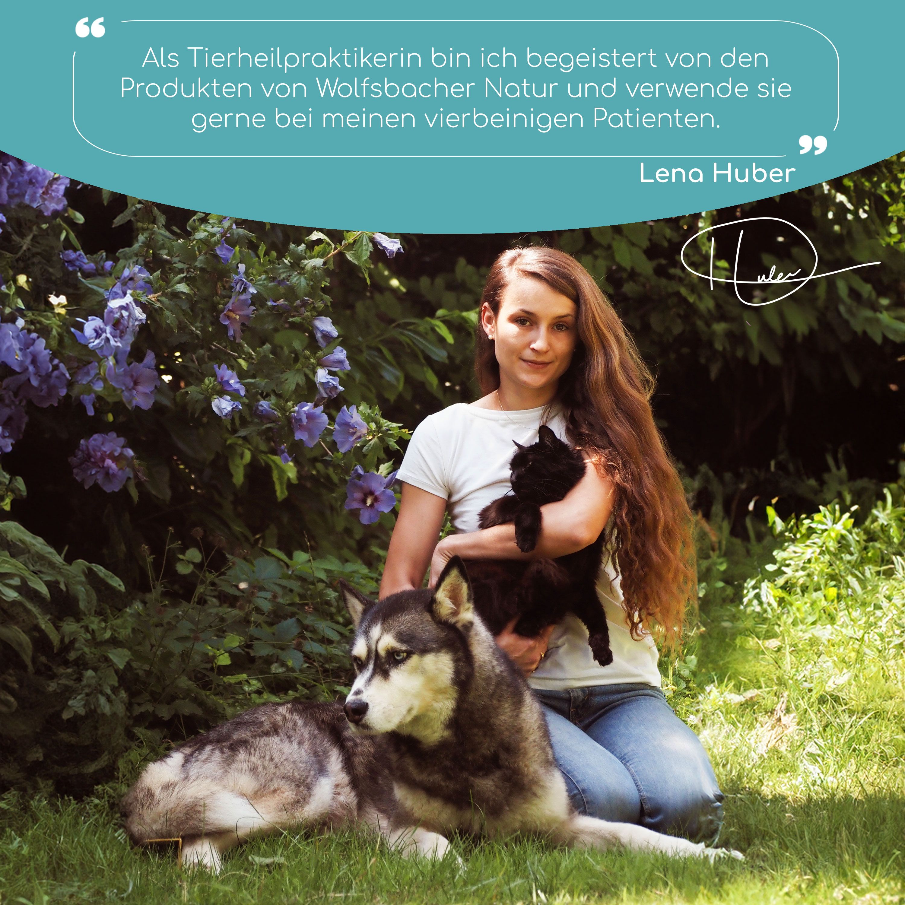 Frau mit Hund und Katze. Zitat: Tierheilpraktikerin begeistert von Wolfsbacher Natur. Unterschrift.