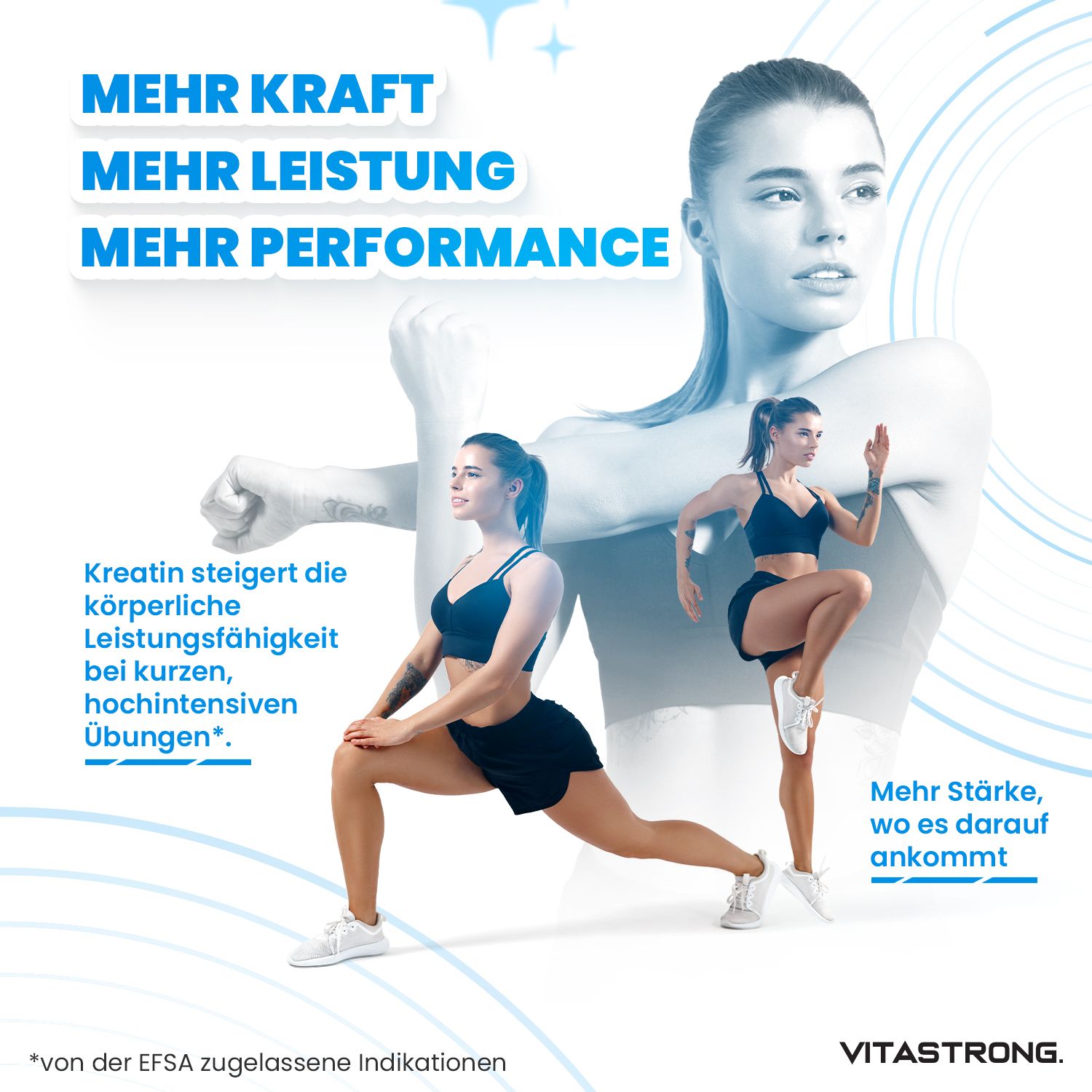 Frauen trainieren. Text: Mehr Kraft, Leistung, Performance. Kreatin steigert die Leistung.