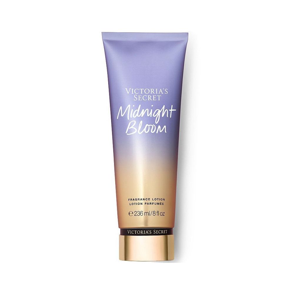 Flasche Körperlotion, Farbverlauf von Lila nach Gold. Text: Midnight Bloom, Victoria's Secret. 236 ml.