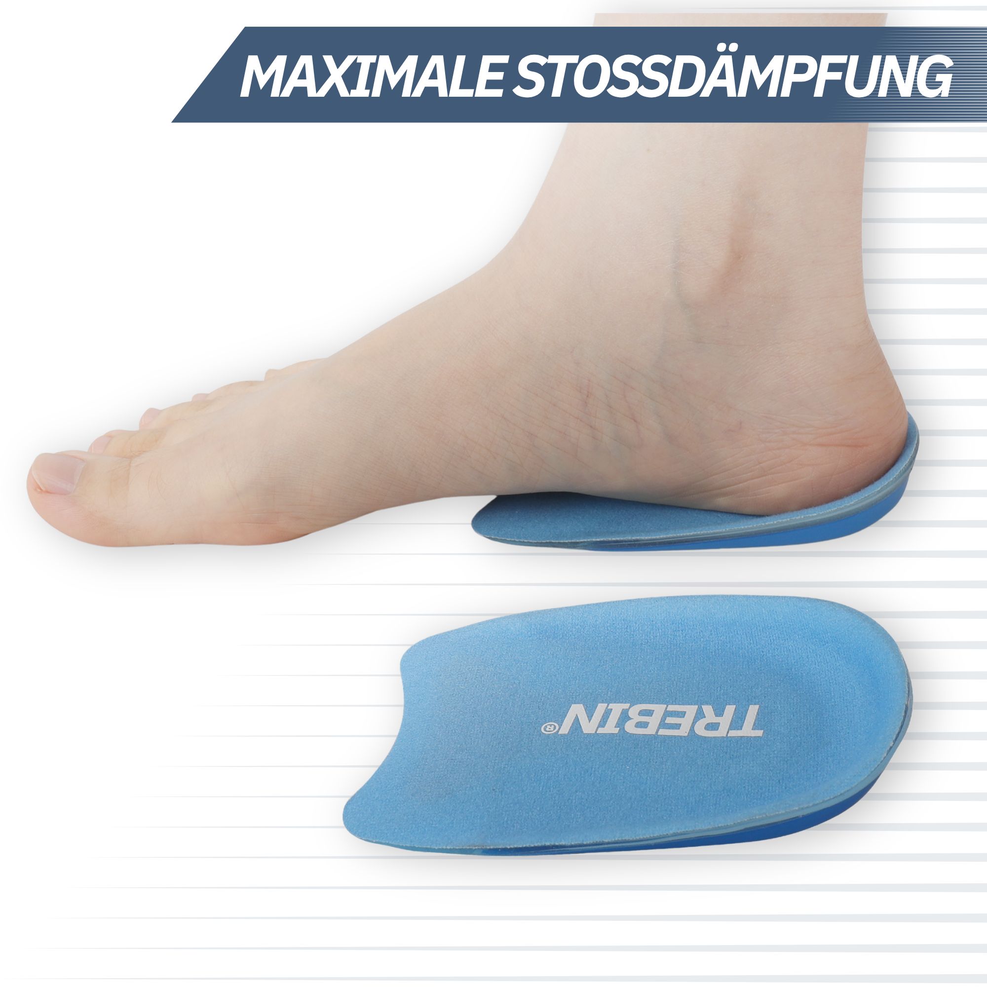 Drei orthopädische Einlegesohlen mit blauen und grünen Dämpfungszonen. Liste von Indikationen: Plantarfasziitis, Plattfüße, Fersensporn, Überpronation.