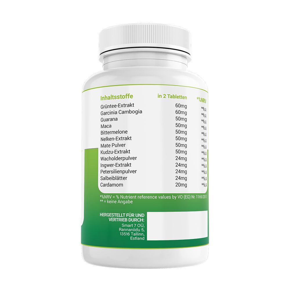 Rückseite einer weißen Flasche mit Saint Nutrition D-Tox Tabletten. Grüne Etikettierung mit Inhaltsstoffen, Nährwertangaben und Herstellerinformationen.