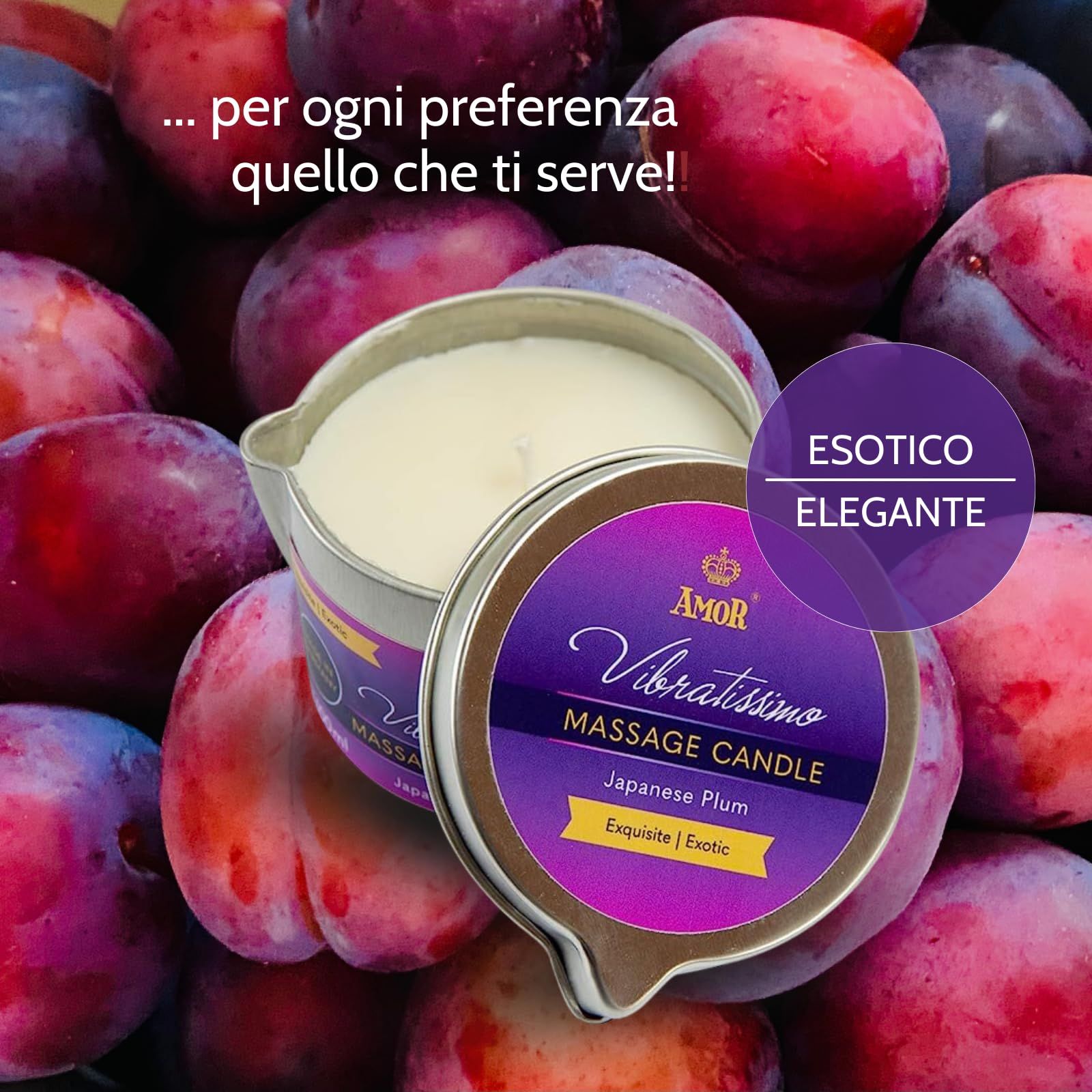 Vibratissimo Massagekerze Japanese Plum umgeben von Pflaumen.