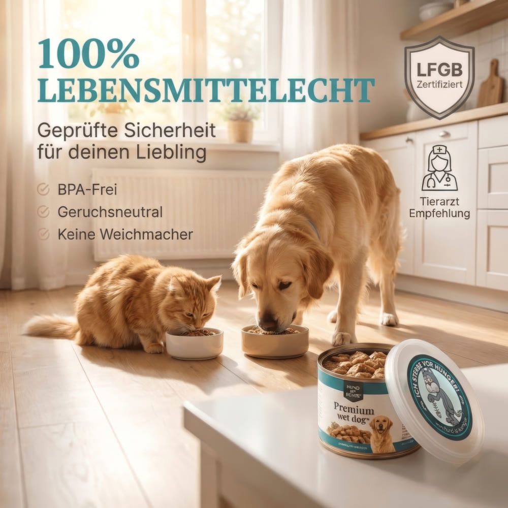 Ein Hund und eine Katze essen aus Futternäpfen. Daneben eine Dose Tierfutter mit Deckel. Auf dem Deckel steht "Premium wet dog".