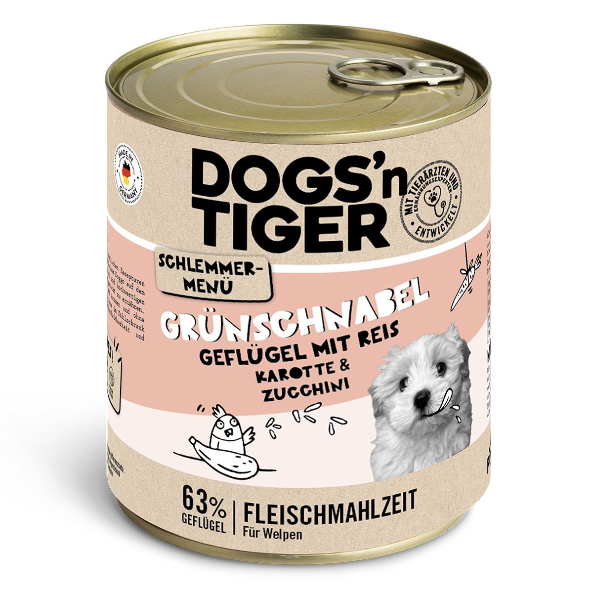 Hundefutter-Dose. Auf der Dose steht: Dogs'n Tiger, Grünschnabel, Geflügel mit Reis, Karotte & Zucchini. Mit Logo und Text.
