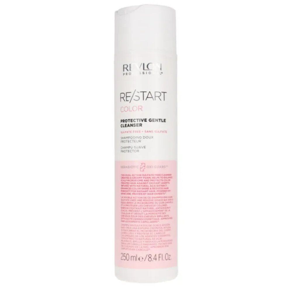 Weiße Flasche mit Revlon Re-Start Color Protective Gentle Cleanser. Rosa Etikett mit Text. 250 ml.