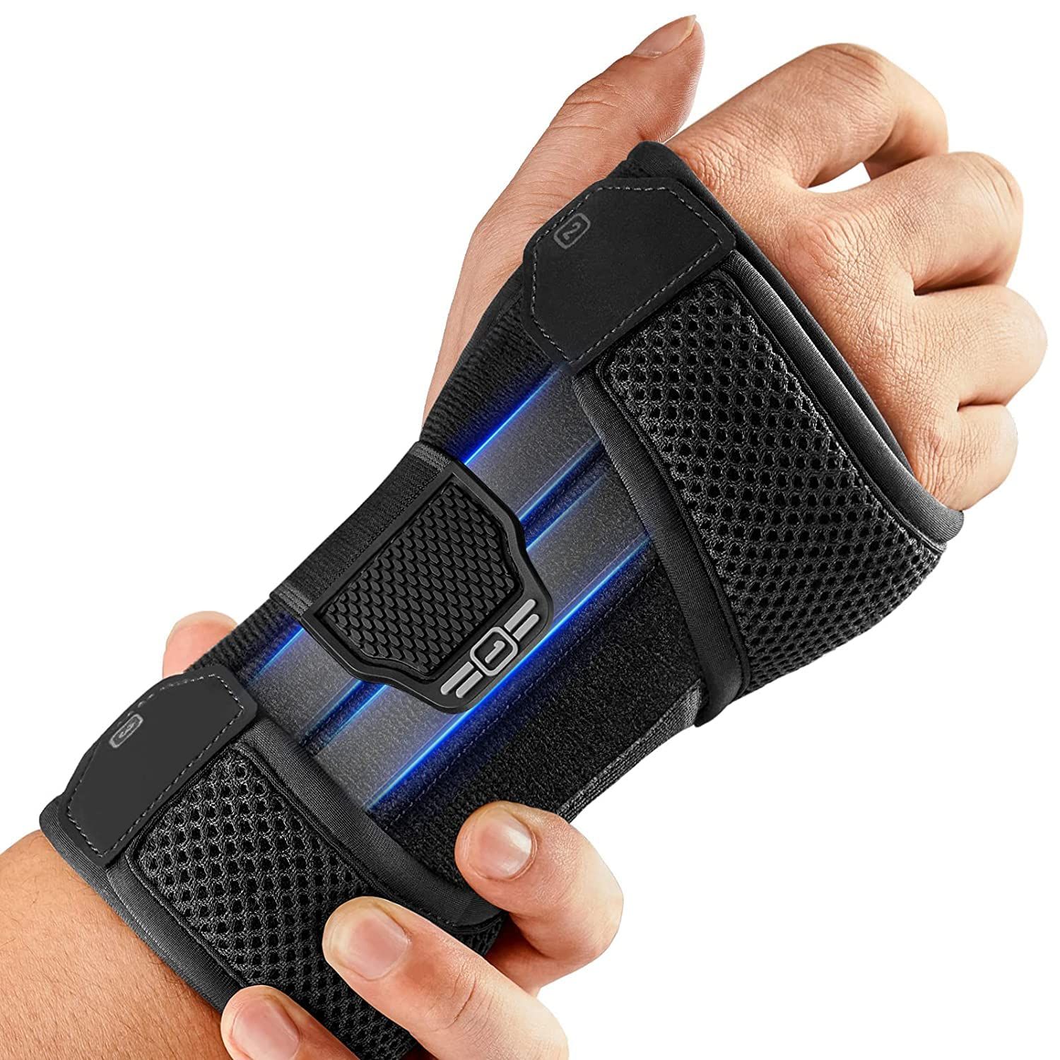 Handgelenkbandage mit blauen Lichtakzenten und Klettverschlüssen.