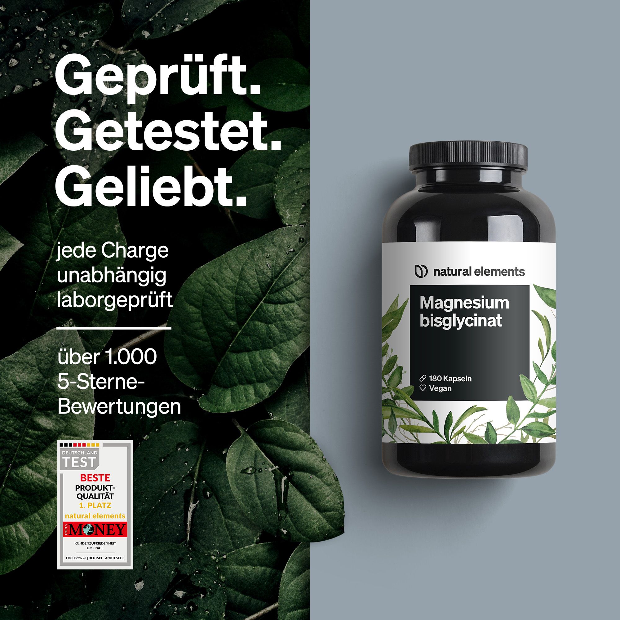 Schwarze Flasche Magnesiumbisglycinat mit 180 Kapseln. Aufschrift: Geprüft. Getestet. Geliebt.