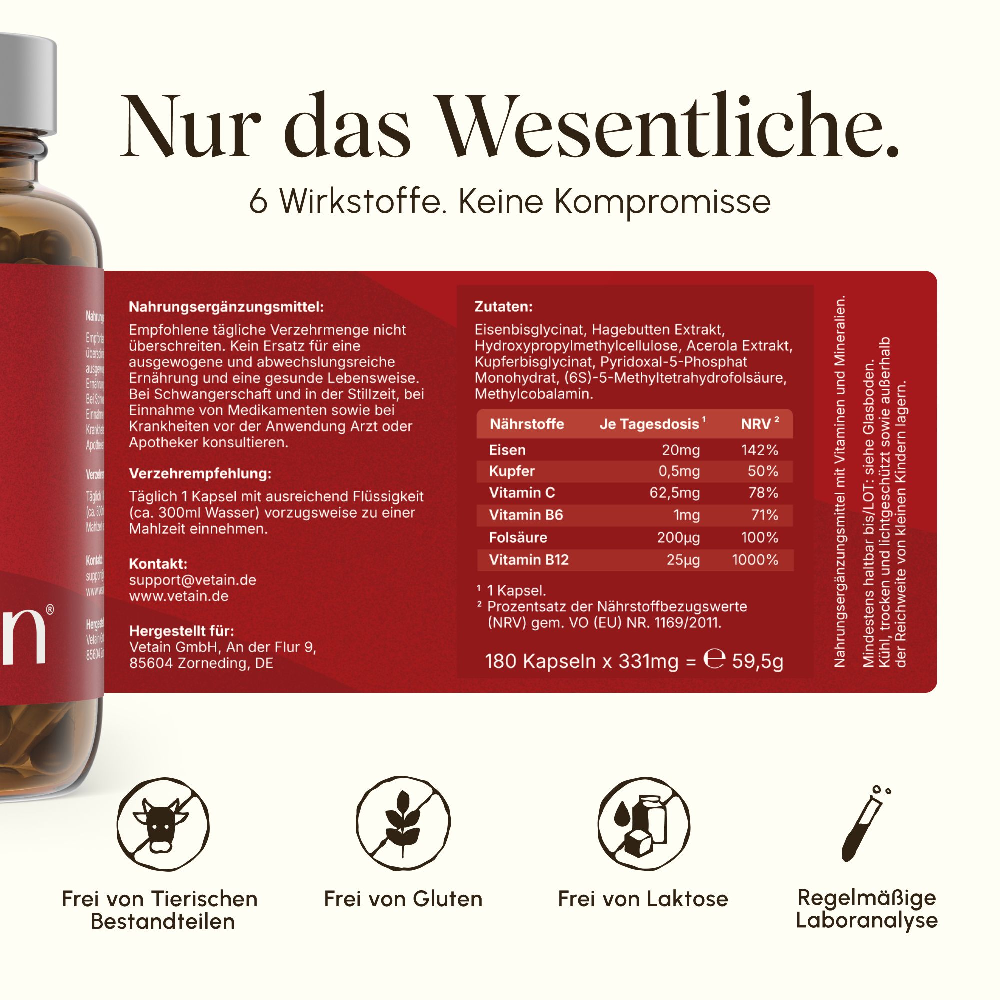 Detailansicht der Inhaltsstoffe und Nährwerte des VETAIN Eisen Komplex Nahrungsergänzungsmittels.