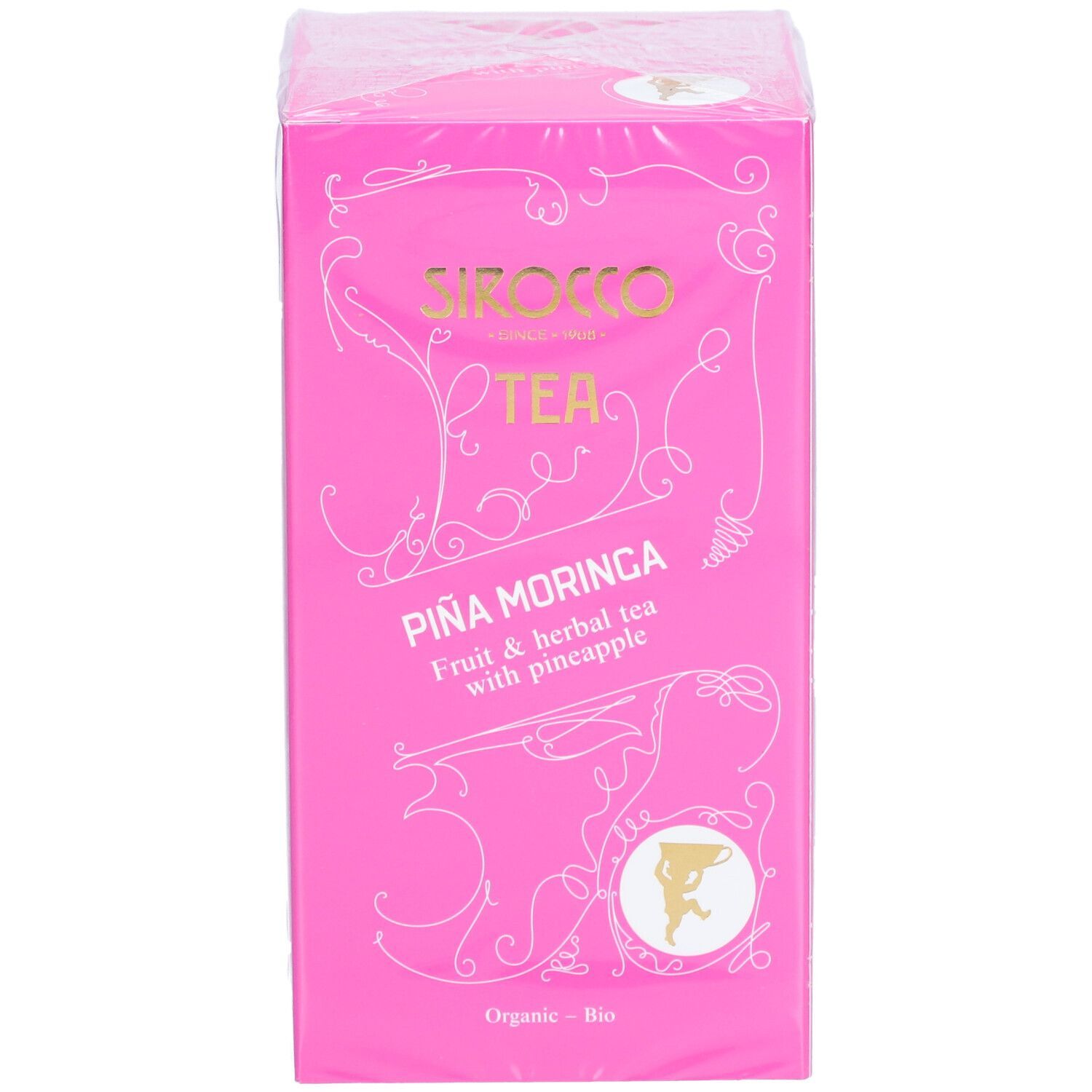 Rosa Verpackung mit "Sirocco Tea" und "Piña Moringa" Aufdruck. Frucht- und Kräutertee mit Ananas. Bio-Zertifizierung.