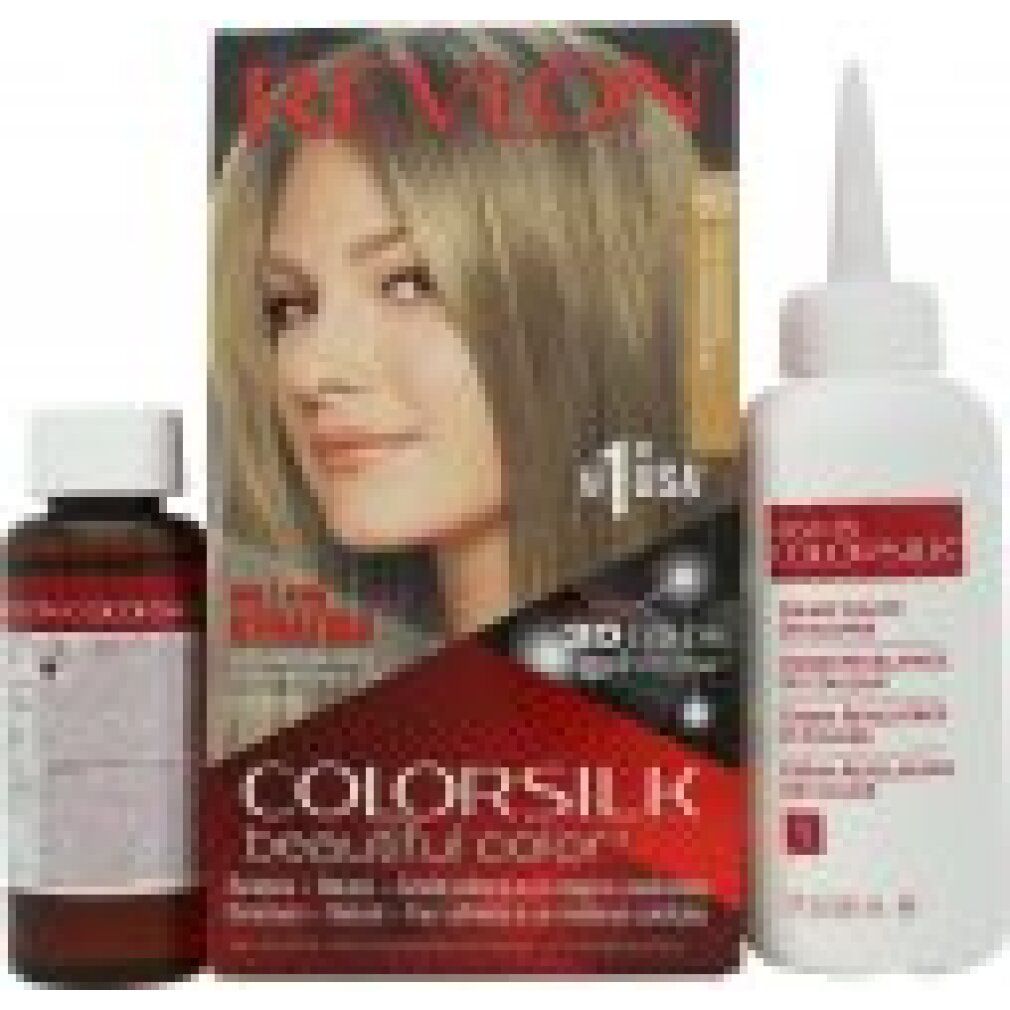 Haarfarben-Set mit Schachtel, Flasche und Applikator. Aufdruck: Revlon Colorsilk. Frau mit blondem Haar.