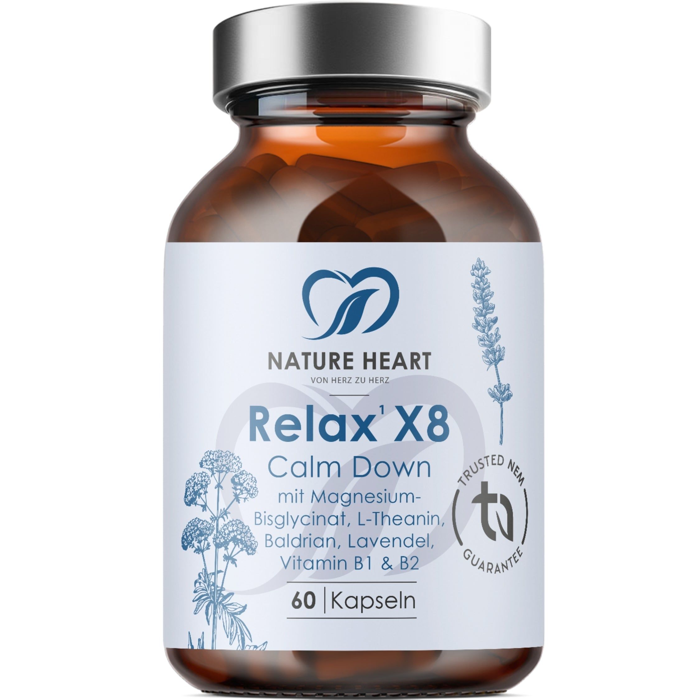 Nature Heart Relax X8 Kapseldose mit 60 Kapseln. Braunglasflasche mit silbernem Schraubverschluss.