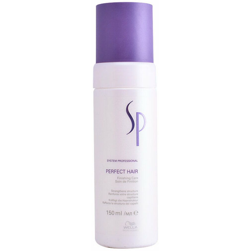 Weiße Flasche mit lila Deckel. Aufschrift: SP, PERFECT HAIR, 150 ml. Wella-Logo.