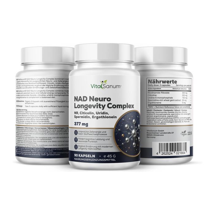 Drei VitaSanum NAD Neuro Longevity Complex Behälter, einer mit Nährwertangaben.