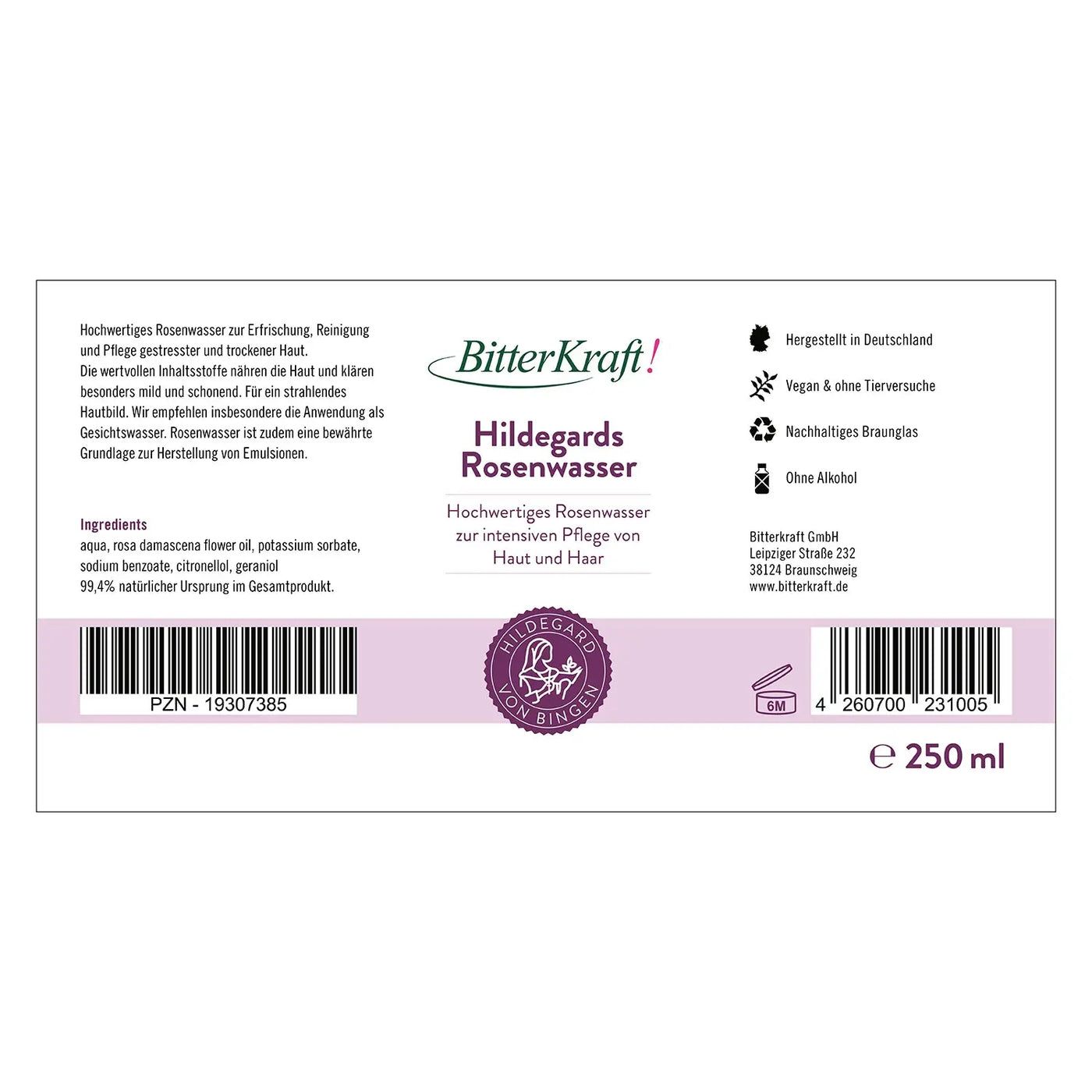 Etikett mit Produktinformationen. Enthält Produktname, Inhaltsstoffe, Herstelleradresse und Zertifizierungen. Braune Glasflasche.