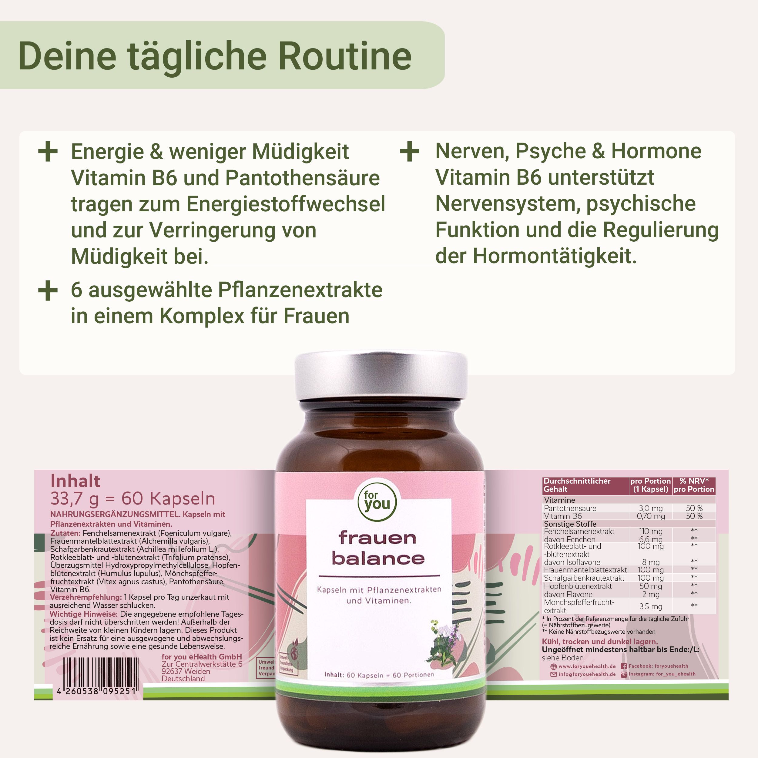 Braune Glasflasche mit Frauen Balance Kapseln. Vorderseite: Etikett mit rosa Band, Pflanzenabbildung und Text. Rückseite: Nährwertangaben und Inhaltsstoffe.