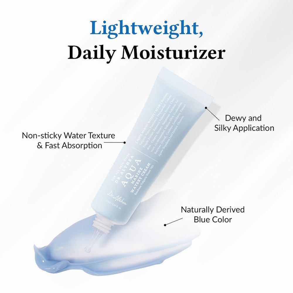 Hellblaue Tube mit Produkt. Produktname: Aqua Marine Watery Cream. Text: Non-sticky Water Texture & Fast Absorption. Marke: Dr. Althea.