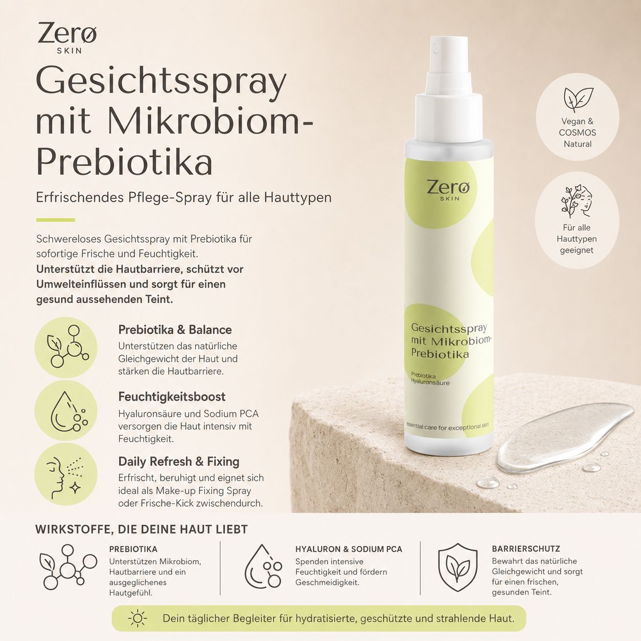 Produktabbildung mit Text. Gesichtsspray-Flasche, Text über Inhaltsstoffe und Vorteile. Vegan- und Cosmos Natural-Siegel.