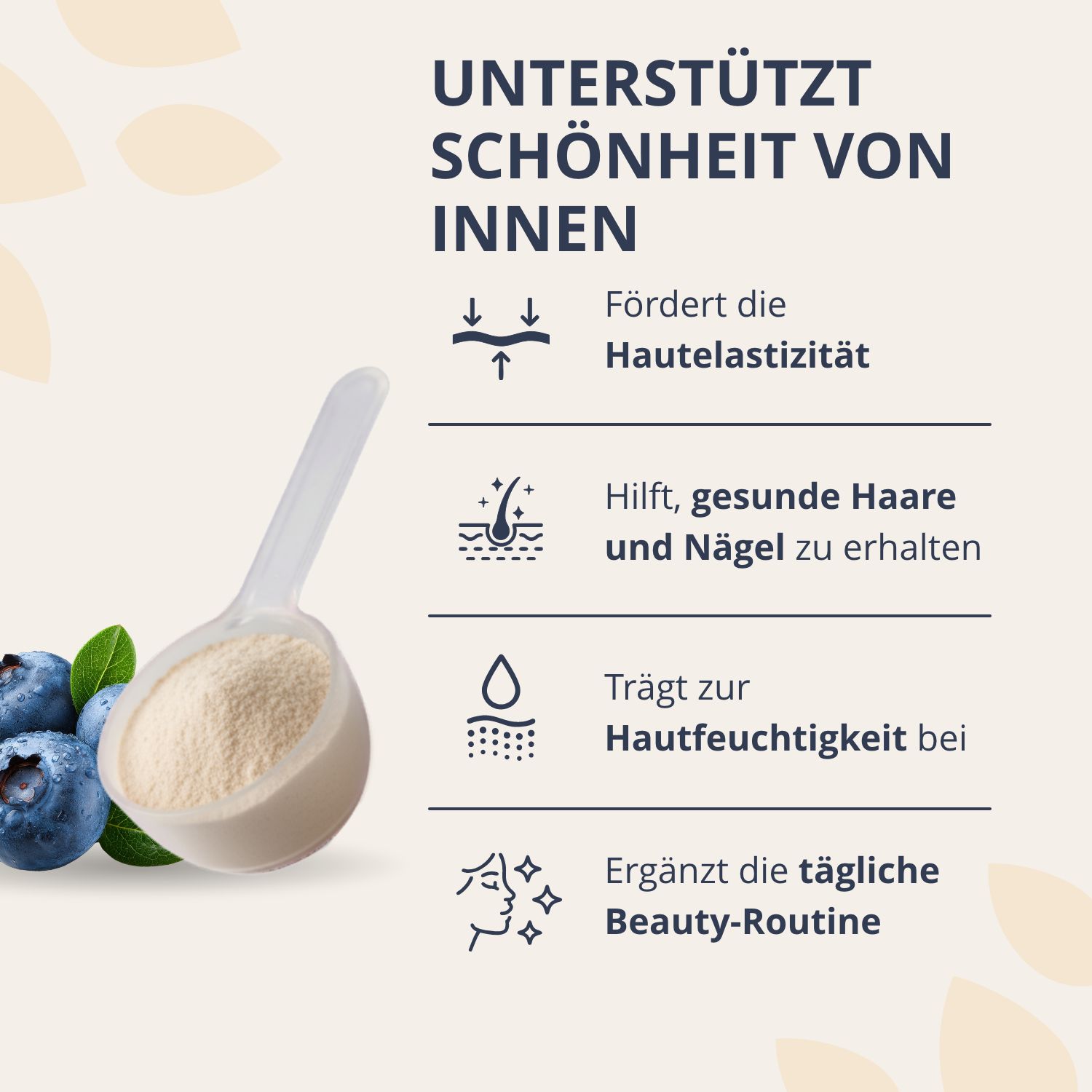 Golden Tree Premium Collagen Complex unterstützt die Schönheit von innen: Hautelastizität, Haare, Nägel und Hautfeuchtigkeit.