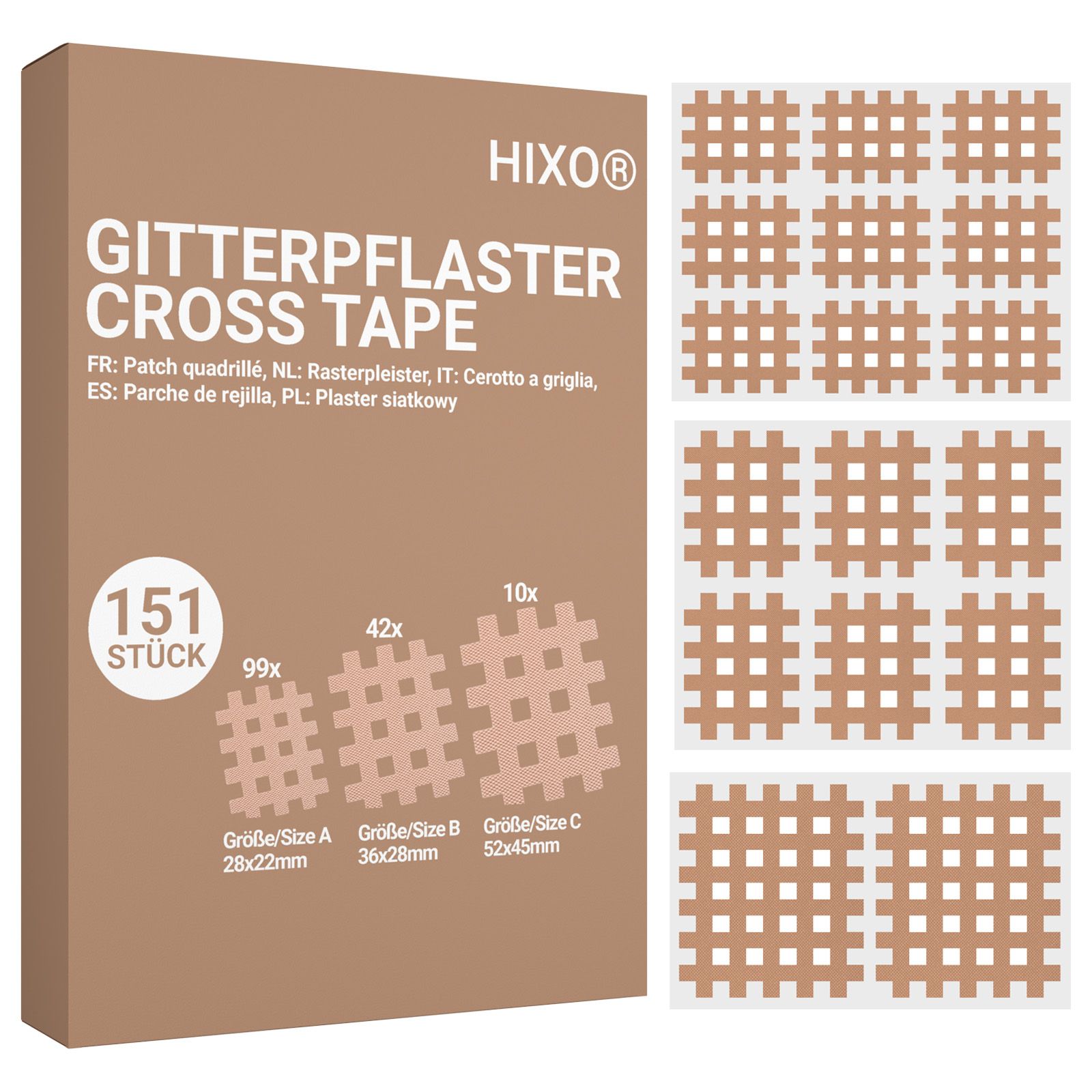 Verpackung und verschiedene Größen von HIXO Gitterpflaster Cross Tape.