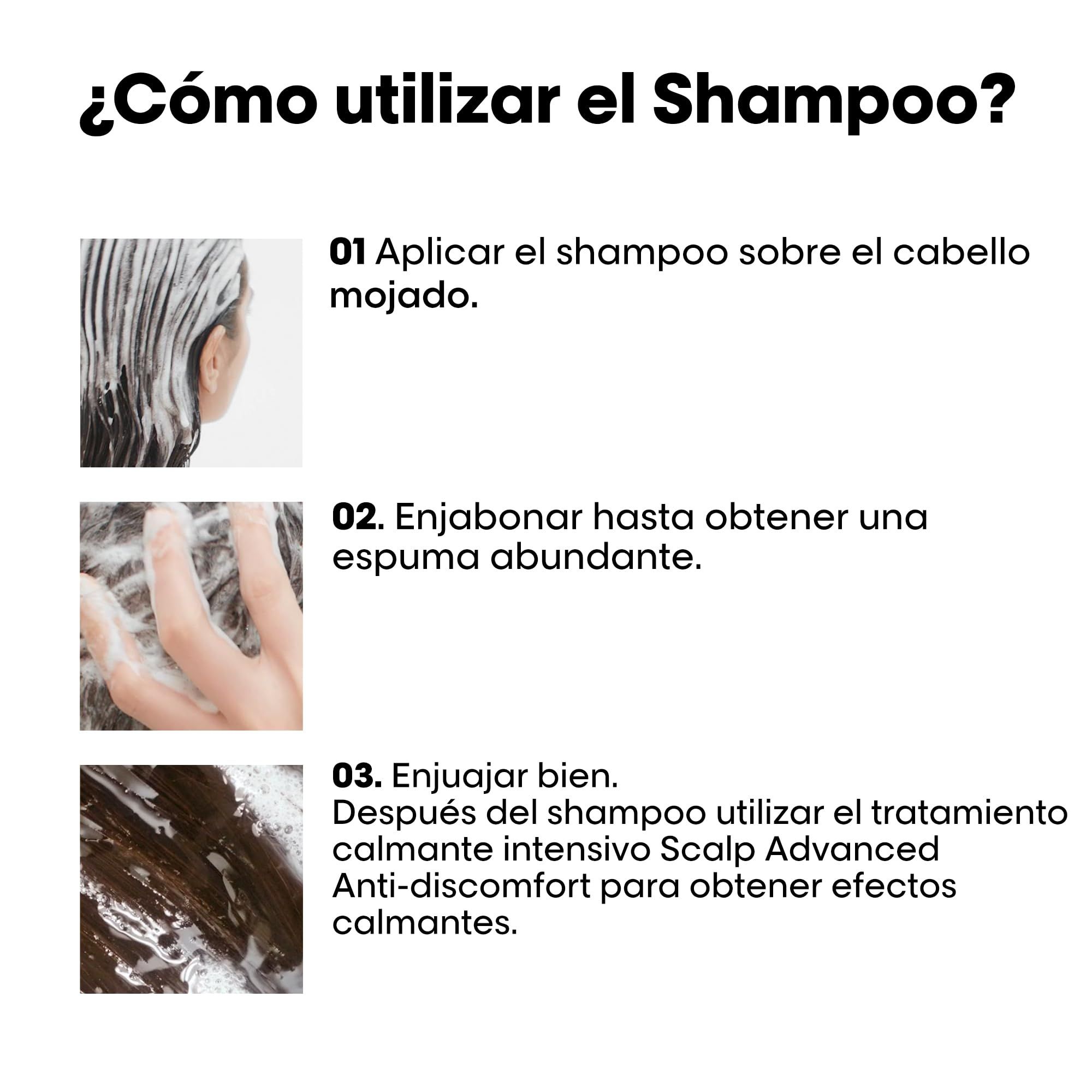 Drei Bilder zeigen die Anwendung des Shampoos. 1. Auf das nasse Haar auftragen. 2. Aufschäumen. 3. Gründlich ausspülen.