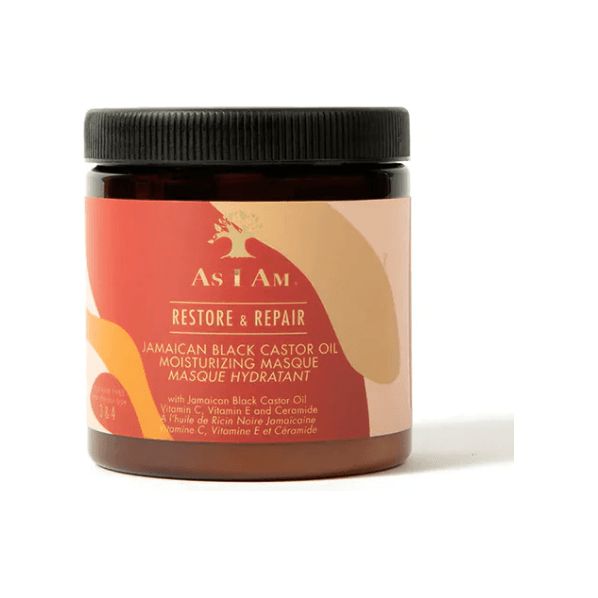 Braune Dose mit schwarzem Deckel. Aufschrift: As I Am, Restore & Repair, Jamaican Black Castor Oil Moisturizing Masque.