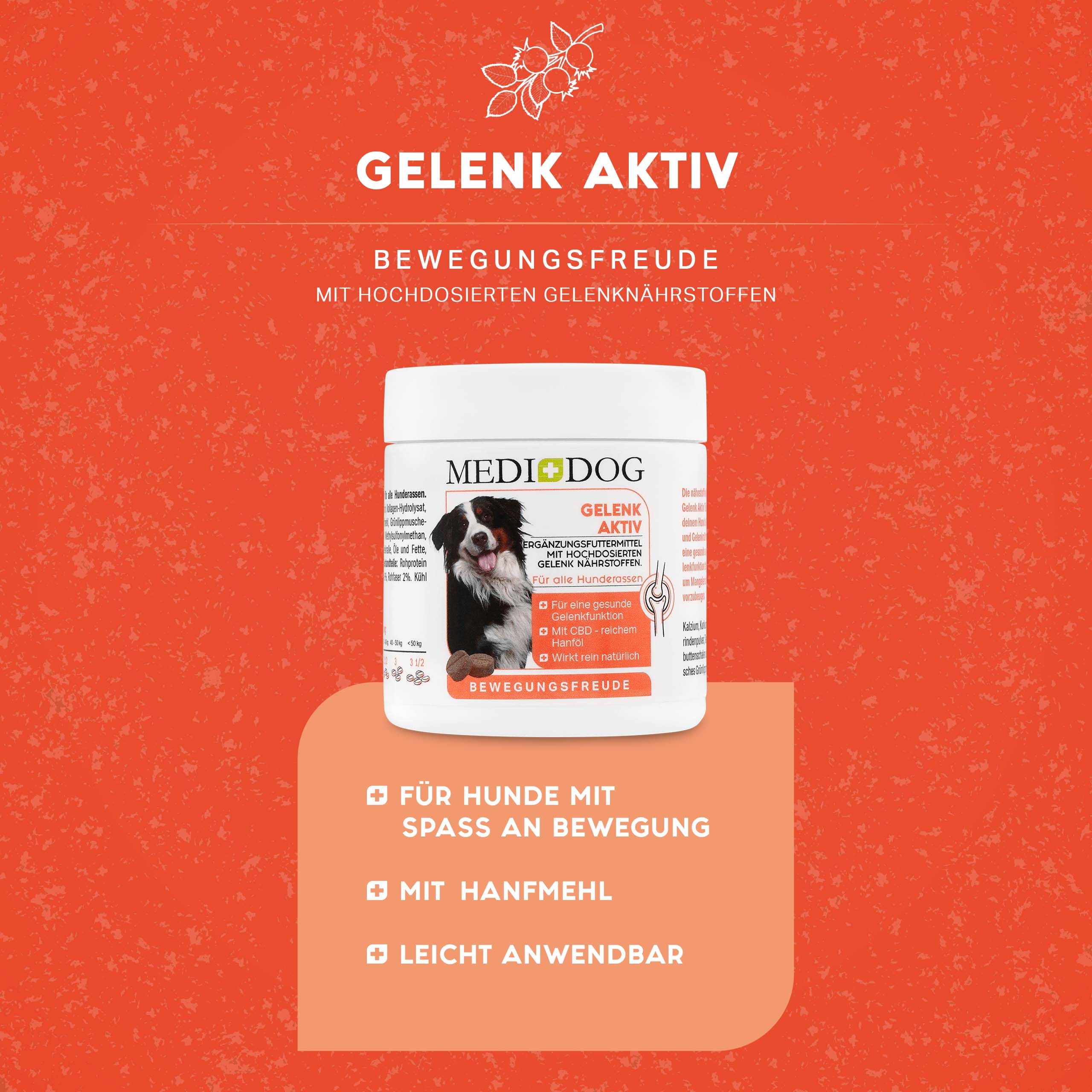 Weißes MEDIDOG Gelenk Aktiv Tabletten-Behälter. Roter Hintergrund mit Text: Gelenk Aktiv, Bewegungsfreude, für Hunde mit Spaß an Bewegung.