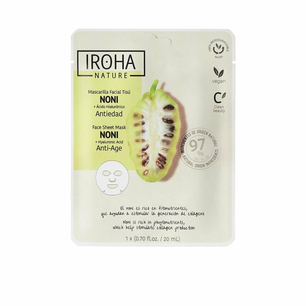 Gesichtsmaske mit Noni und Hyaluronsäure. Verpackung mit Produktnamen, Inhaltsstoffen und Zertifizierungen. Vegan, Clean Beauty.