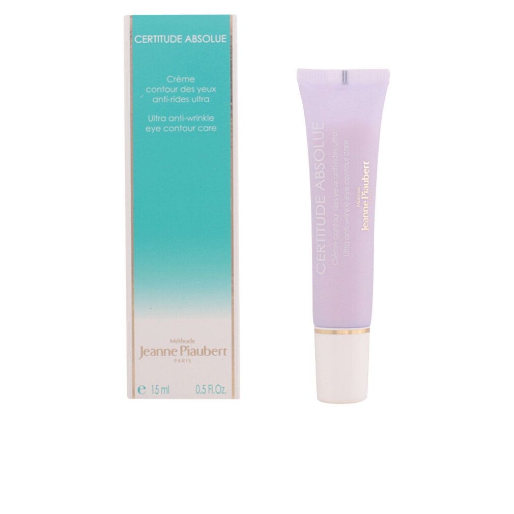 Produktverpackung mit Tube und Schachtel. Text: Certitude Absolue, Crème contour des yeux anti-rides ultra, Jeanne Piaubert. 15 ml.