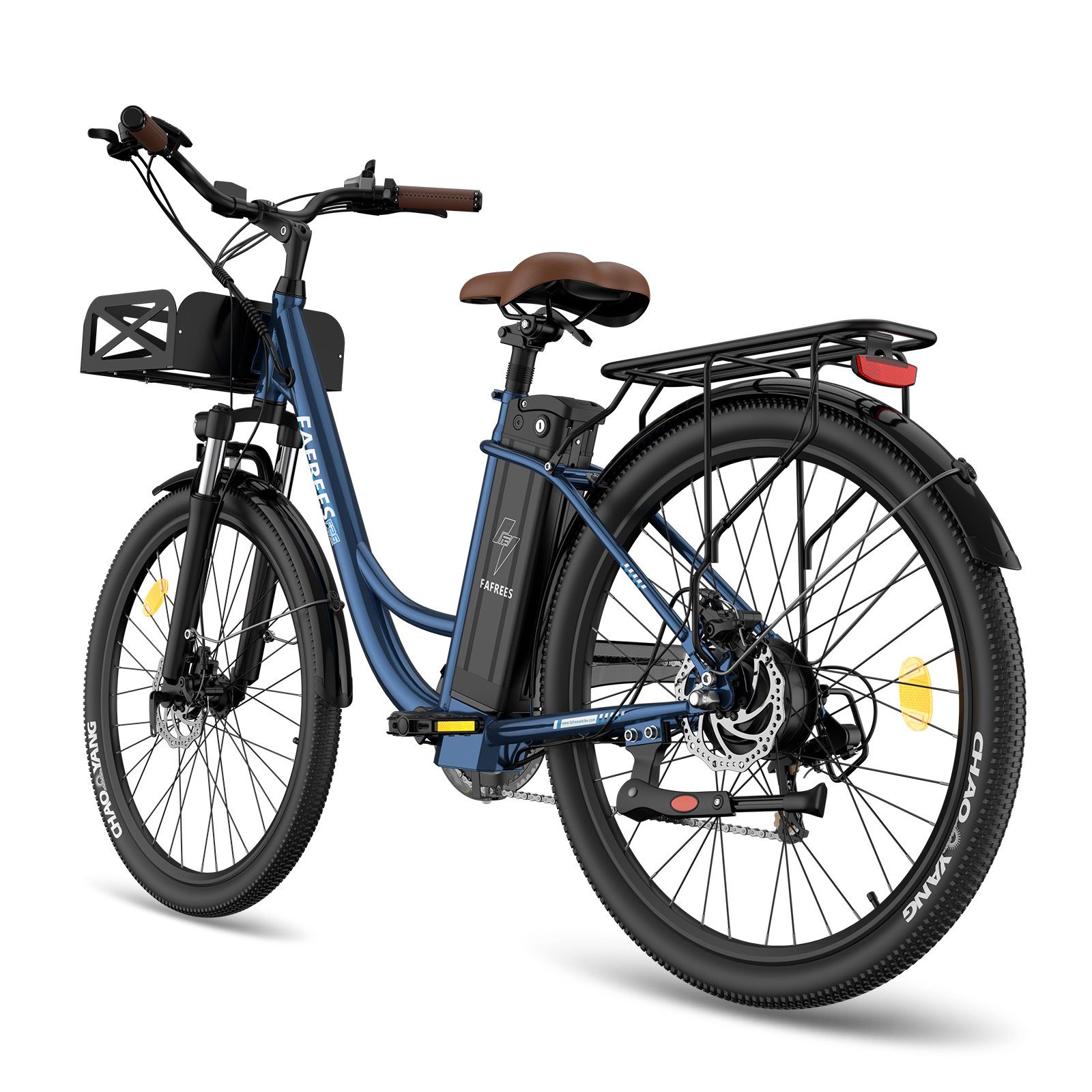 Blaues E-Bike mit braunem Sattel, Gepäckträger und Korb. Marke FAFREES.