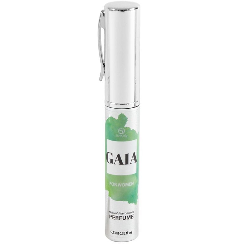 Silberfarbener Zerstäuber mit Deckel. Aufschrift GAIA, FOR WOMEN, PERFUME. 9,5 ml.