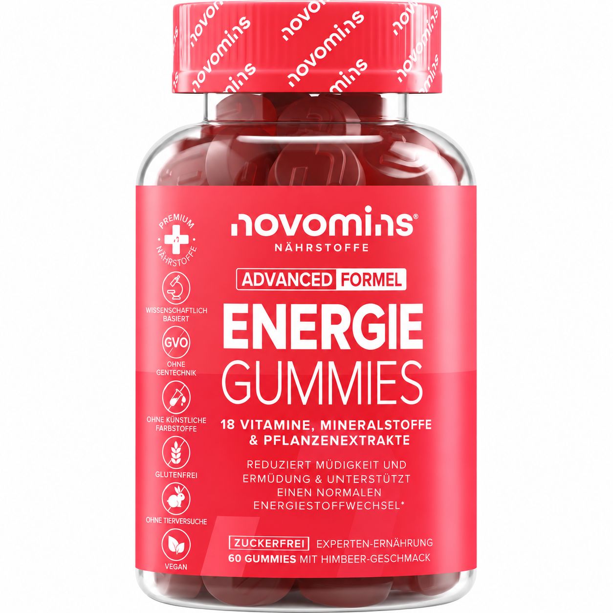 Flasche mit Novomins Energie Gummis, 60 Stück, Himbeergeschmack.